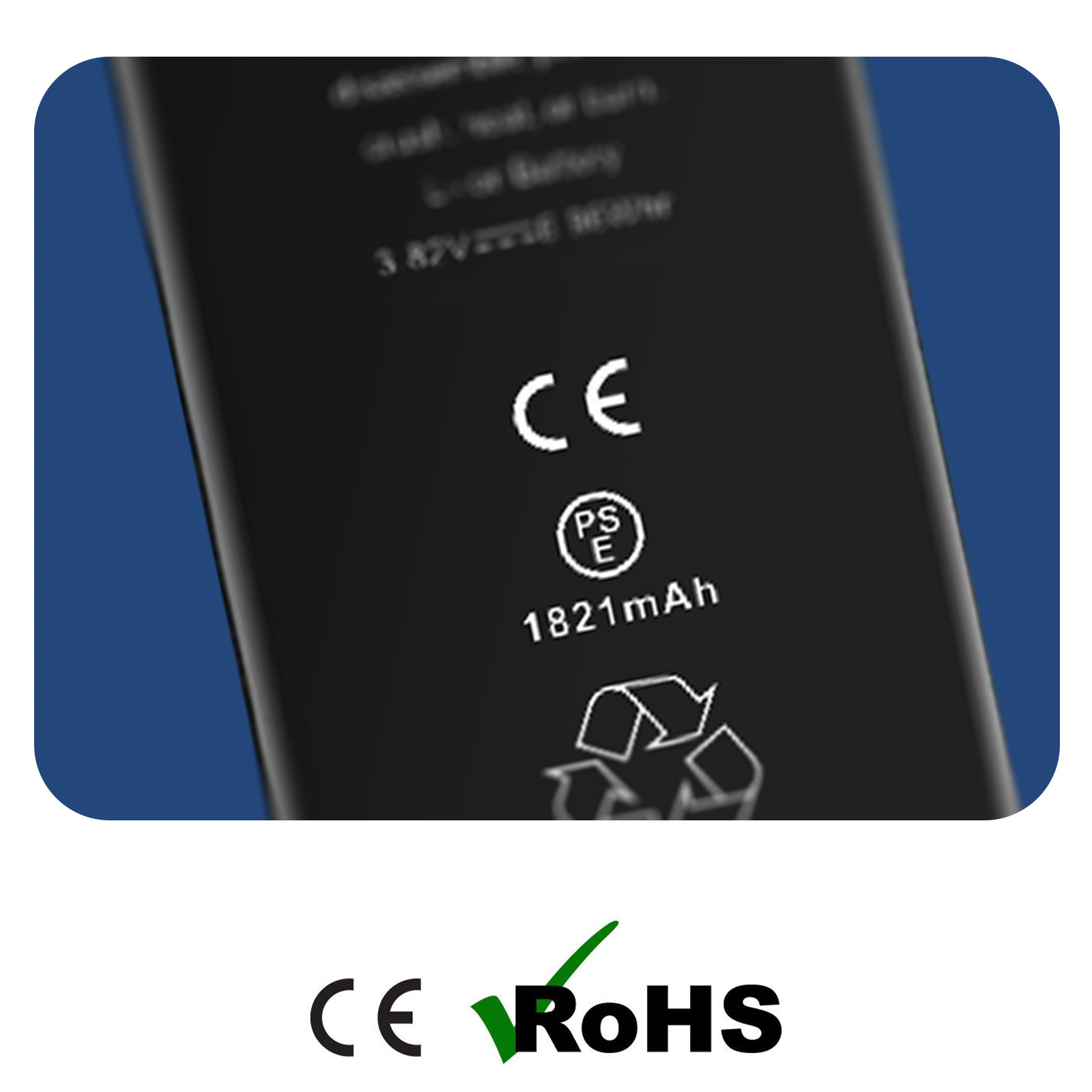 Batteria nera con simboli CE, PS-E e 1821mAh.