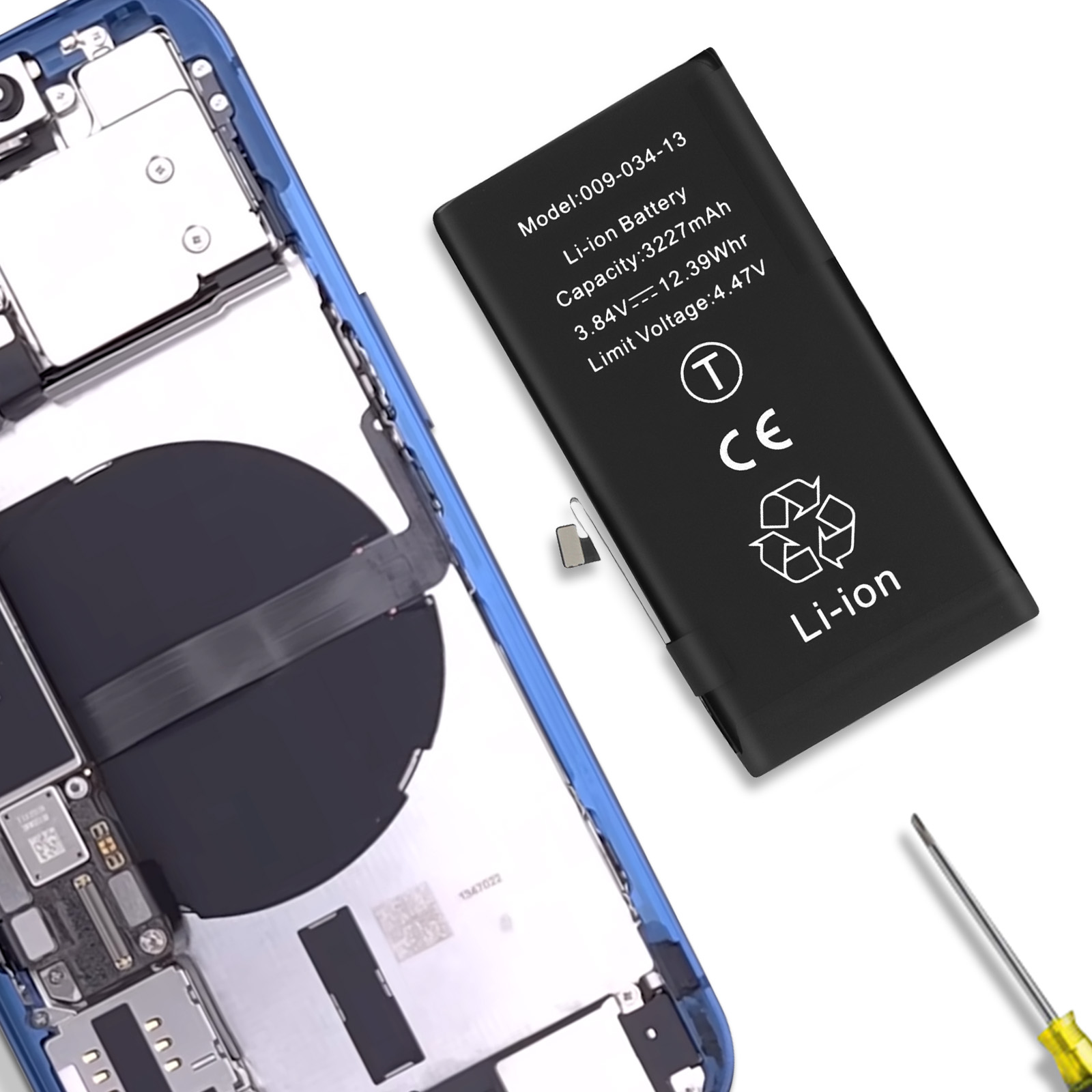 Uno smartphone aperto con una batteria Li-ion e attrezzi.