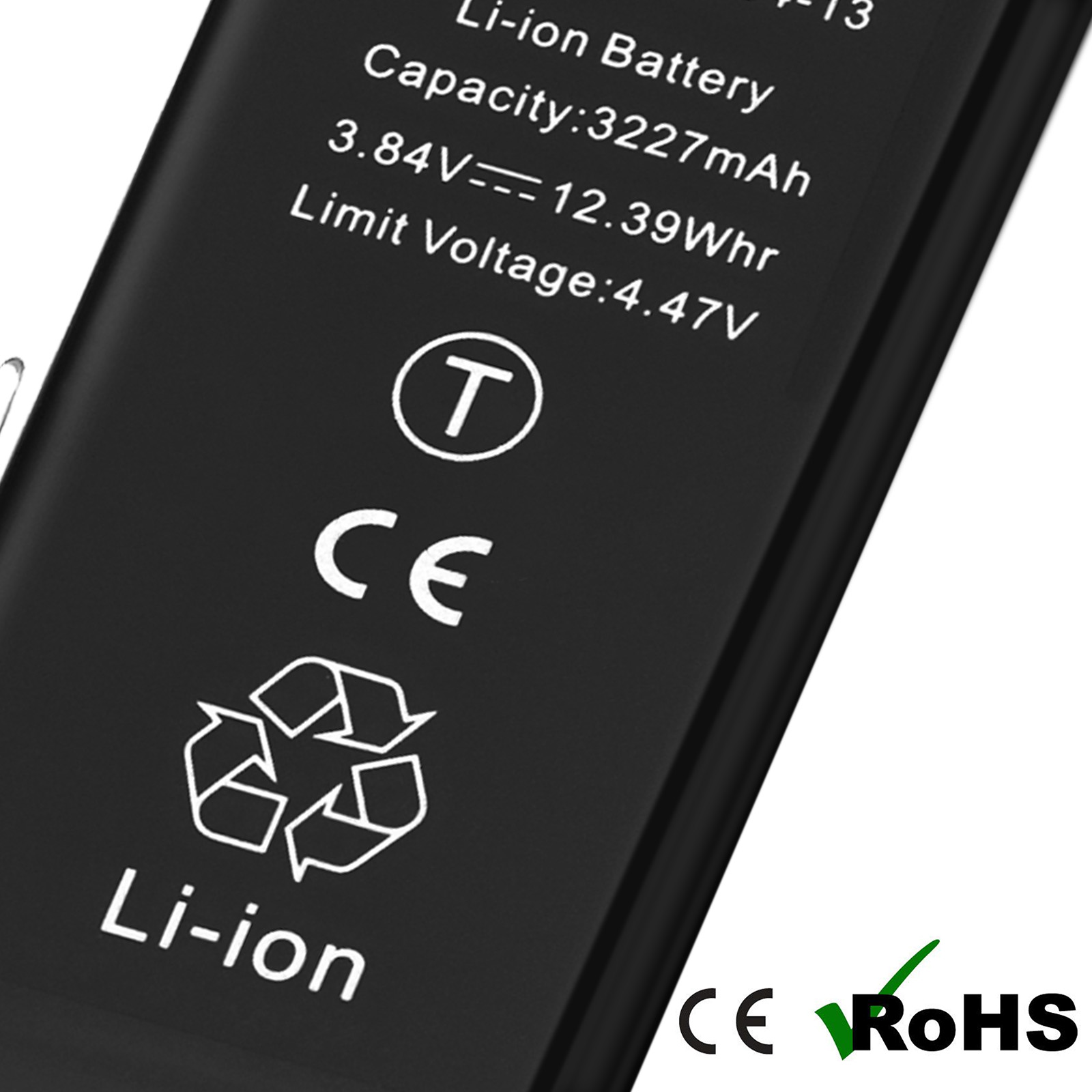 Batteria nera Li-ion con specifiche tecniche e marchi CE/RoHS.