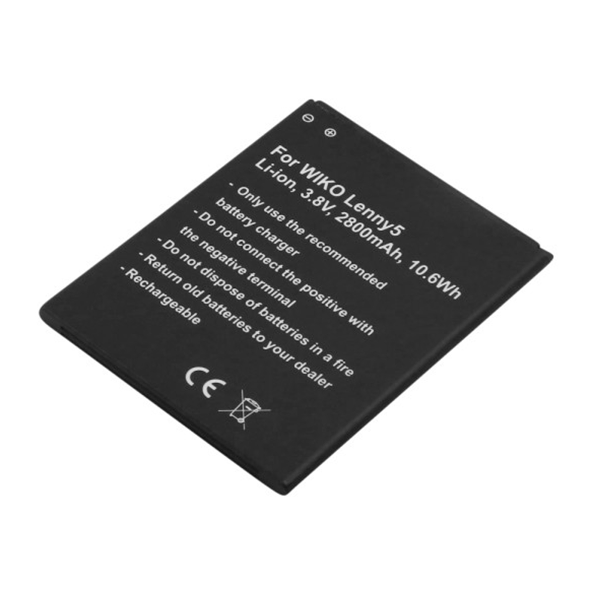Schwarzer Akku für WIKO Lenny5, Li-ion 3,8V 2800mAh, mit Warnhinweisen.