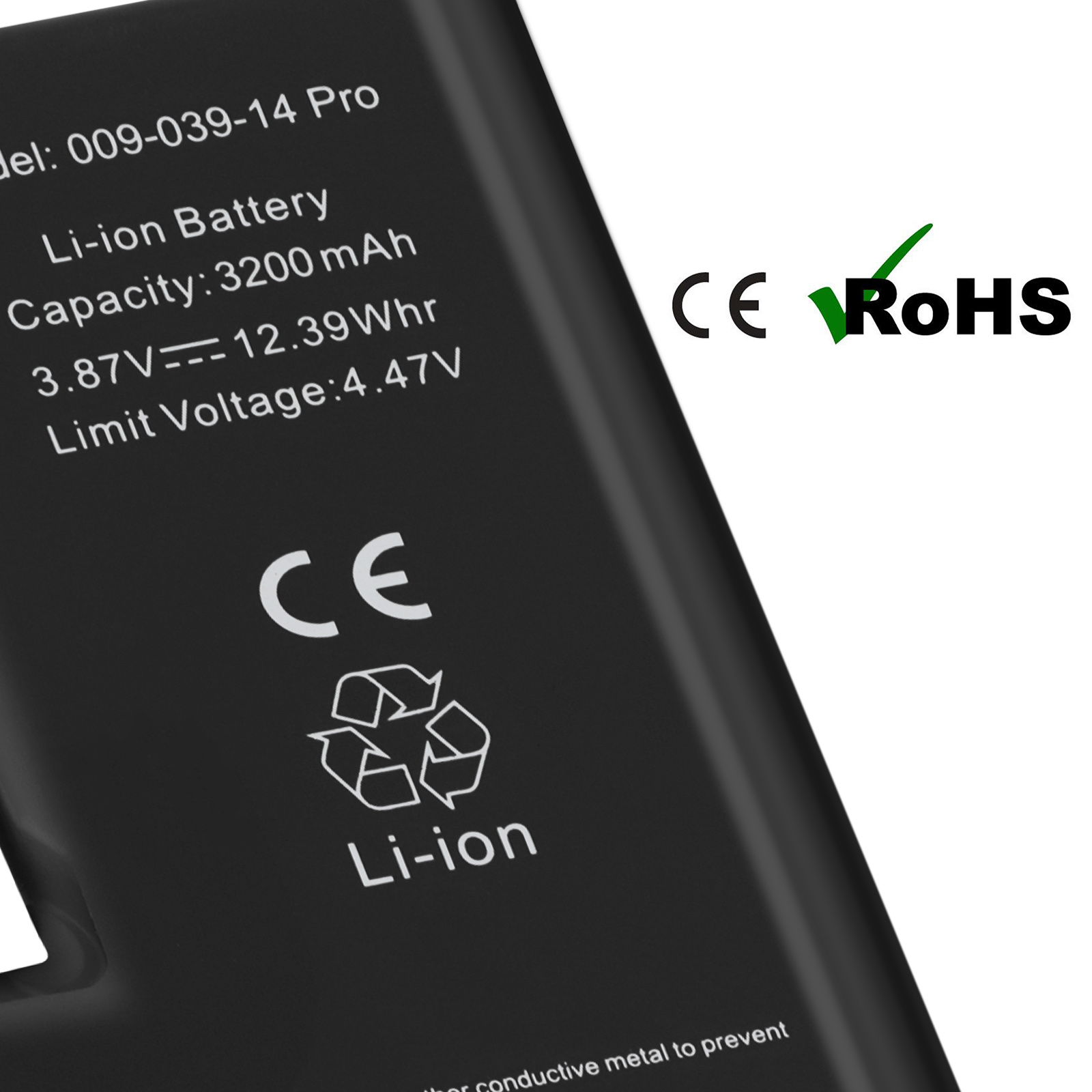 Batteria Li-ion nera con specifiche e marchi CE/RoHS.