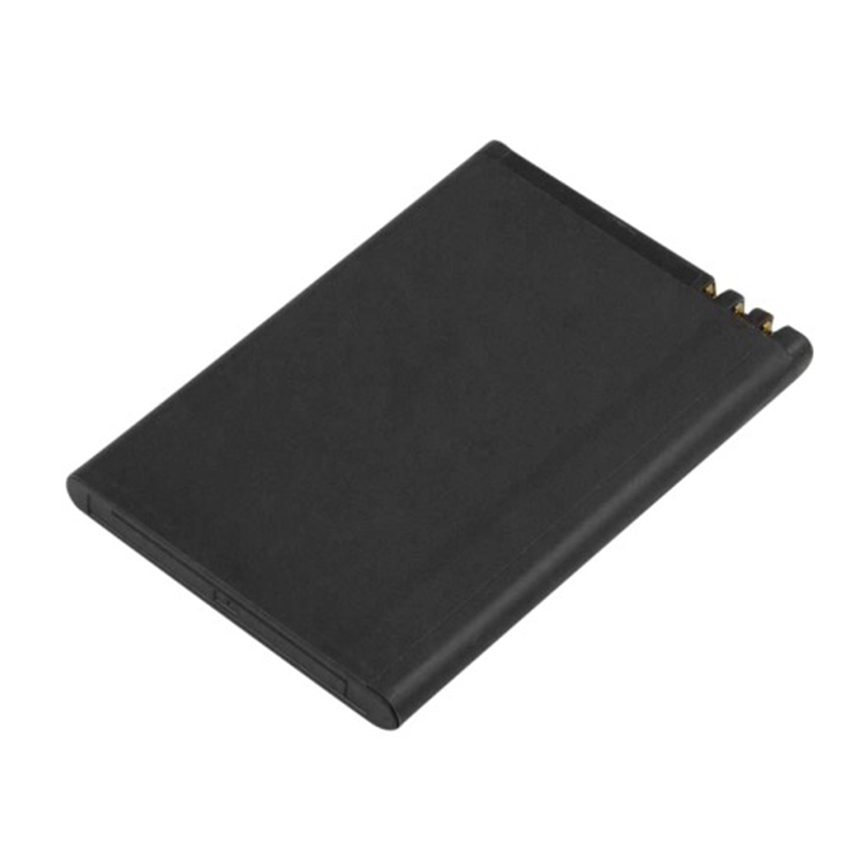 Una batteria rettangolare nera con contatti dorati in alto a destra.