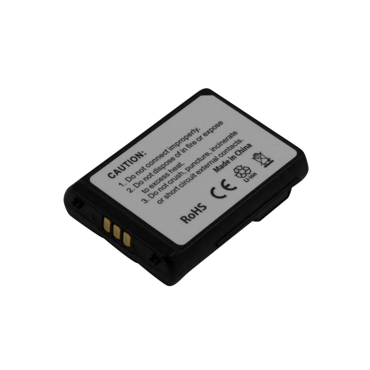 Batteria nera agli ioni di litio con testo di avvertenza e marchio CE.