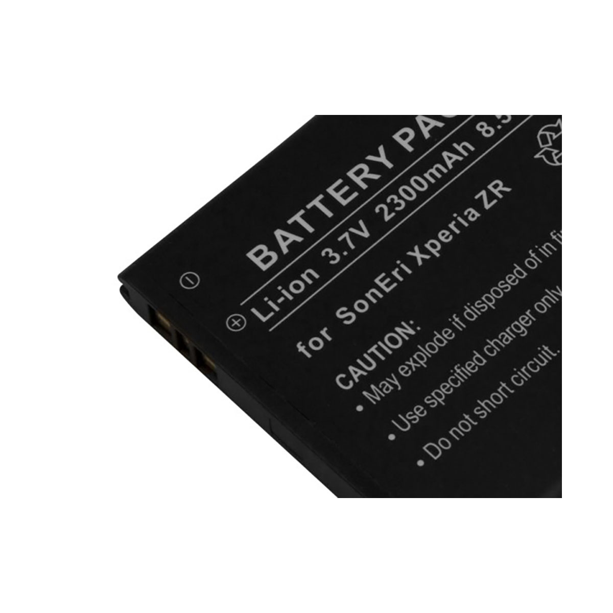 Batteria nera per Sony Xperia ZR, 3,7V, 2300mAh. Testo di avvertenza stampato.