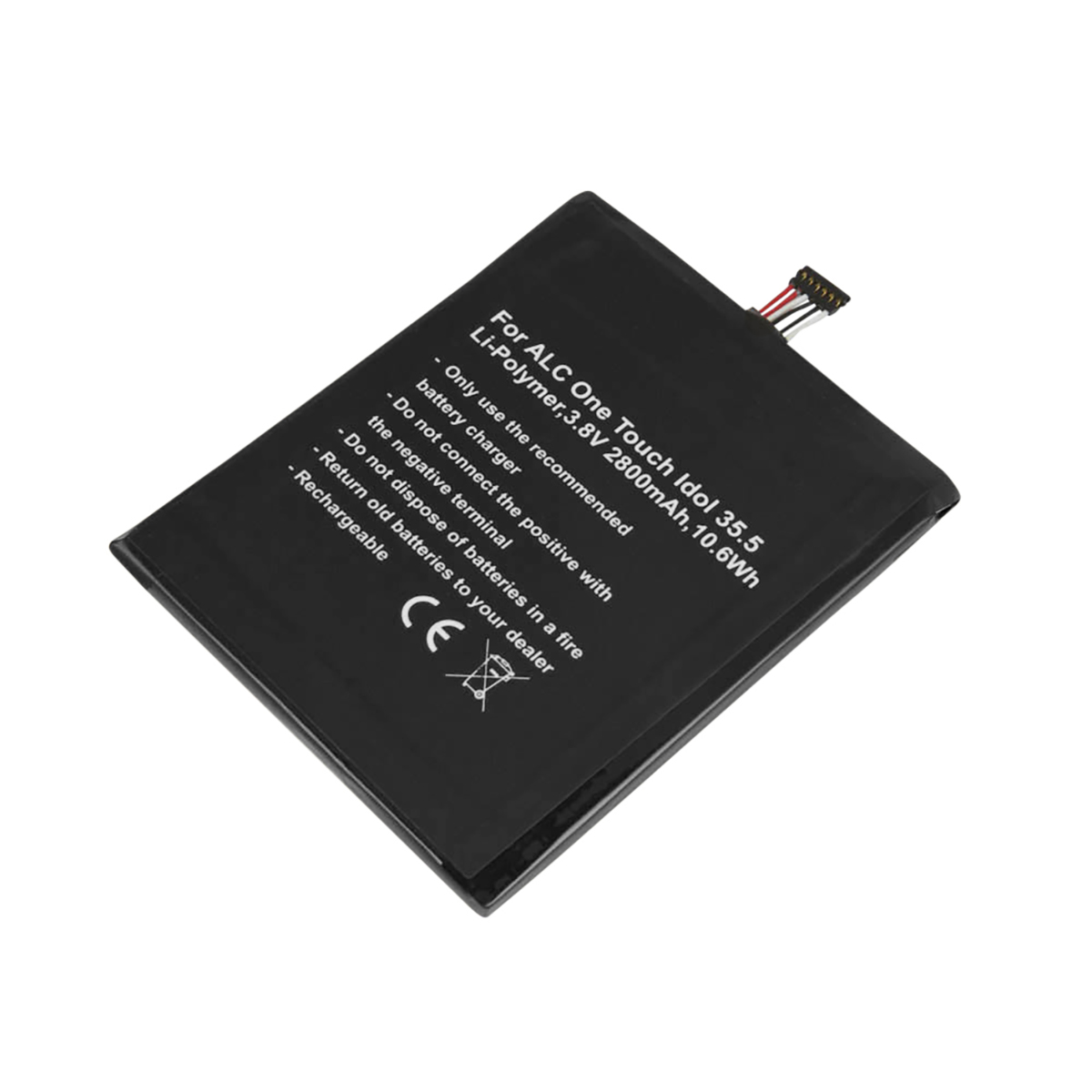 Batteria nera per ALC One Touch Idol 3.5 con avvisi e marchio CE.