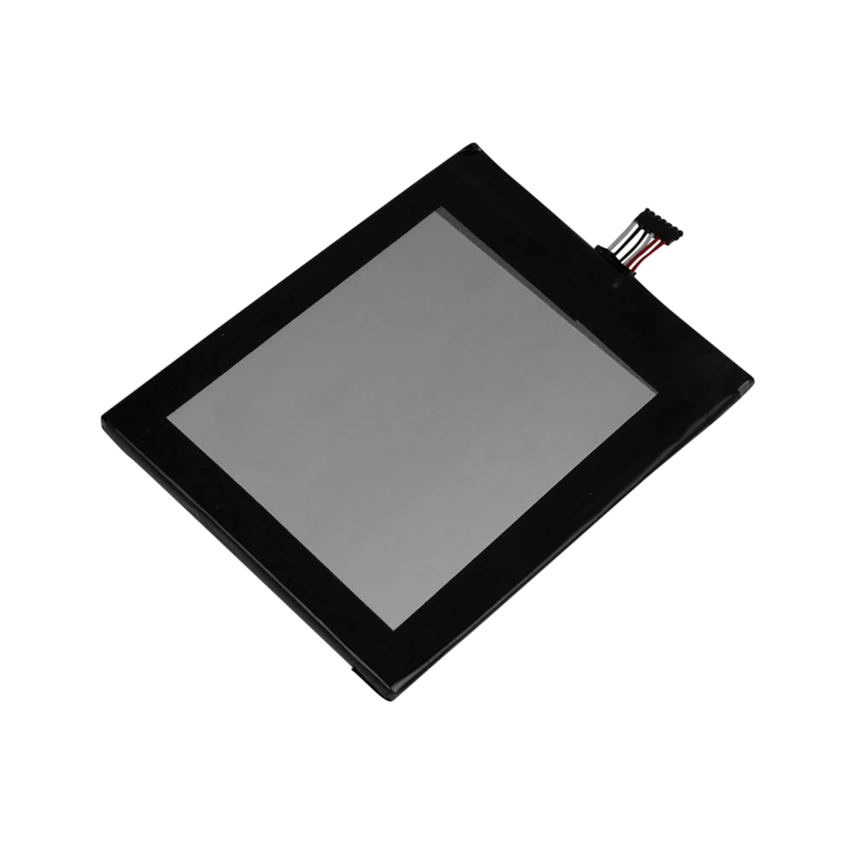 Una batteria rettangolare nera con schermo grigio e connettore per cavo.