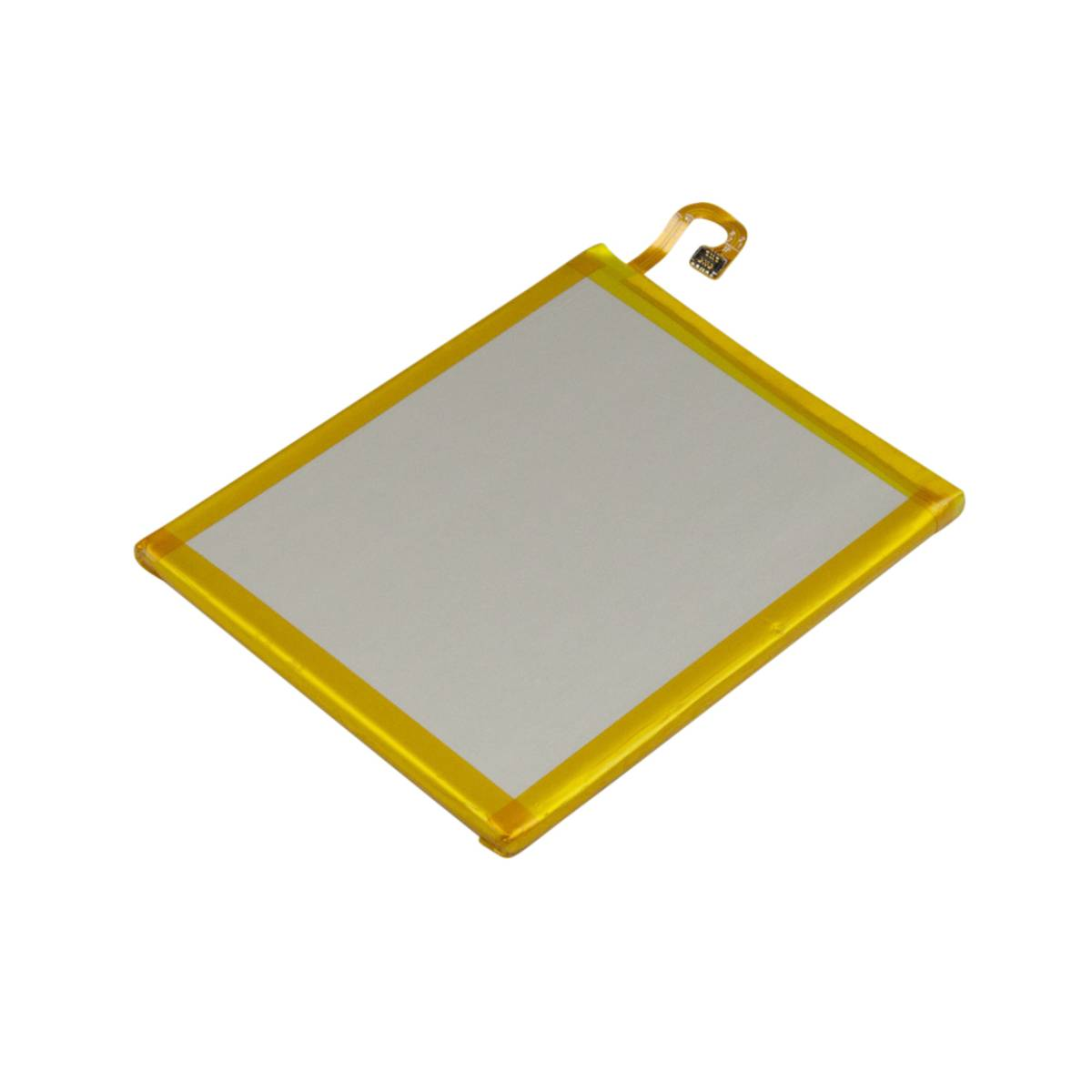 Una batteria rettangolare sottile con bordo giallo e cavo di collegamento flessibile.