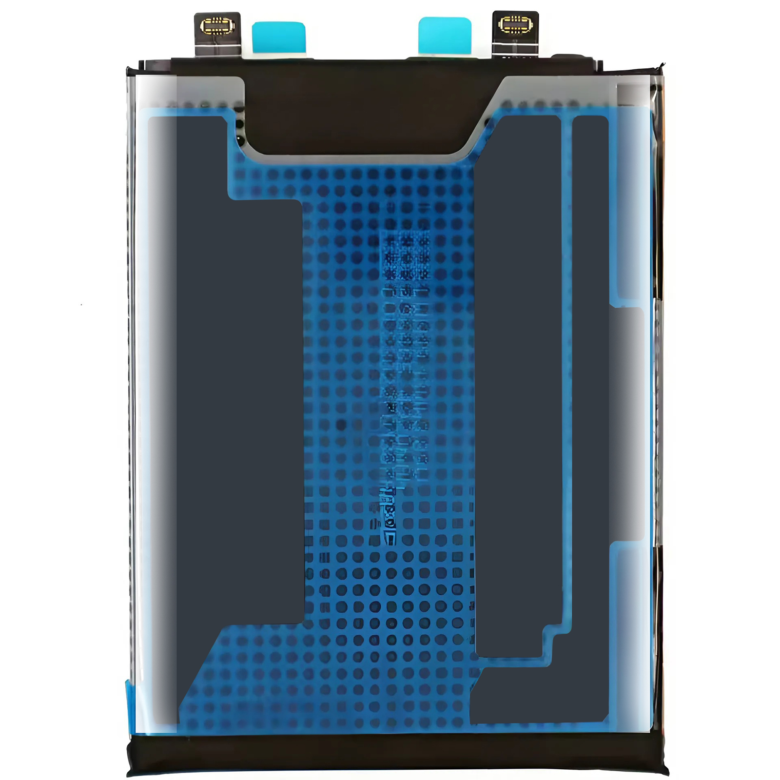 Eine rechteckige Batterie mit blauen und grauen Elementen und Anschlüssen oben.