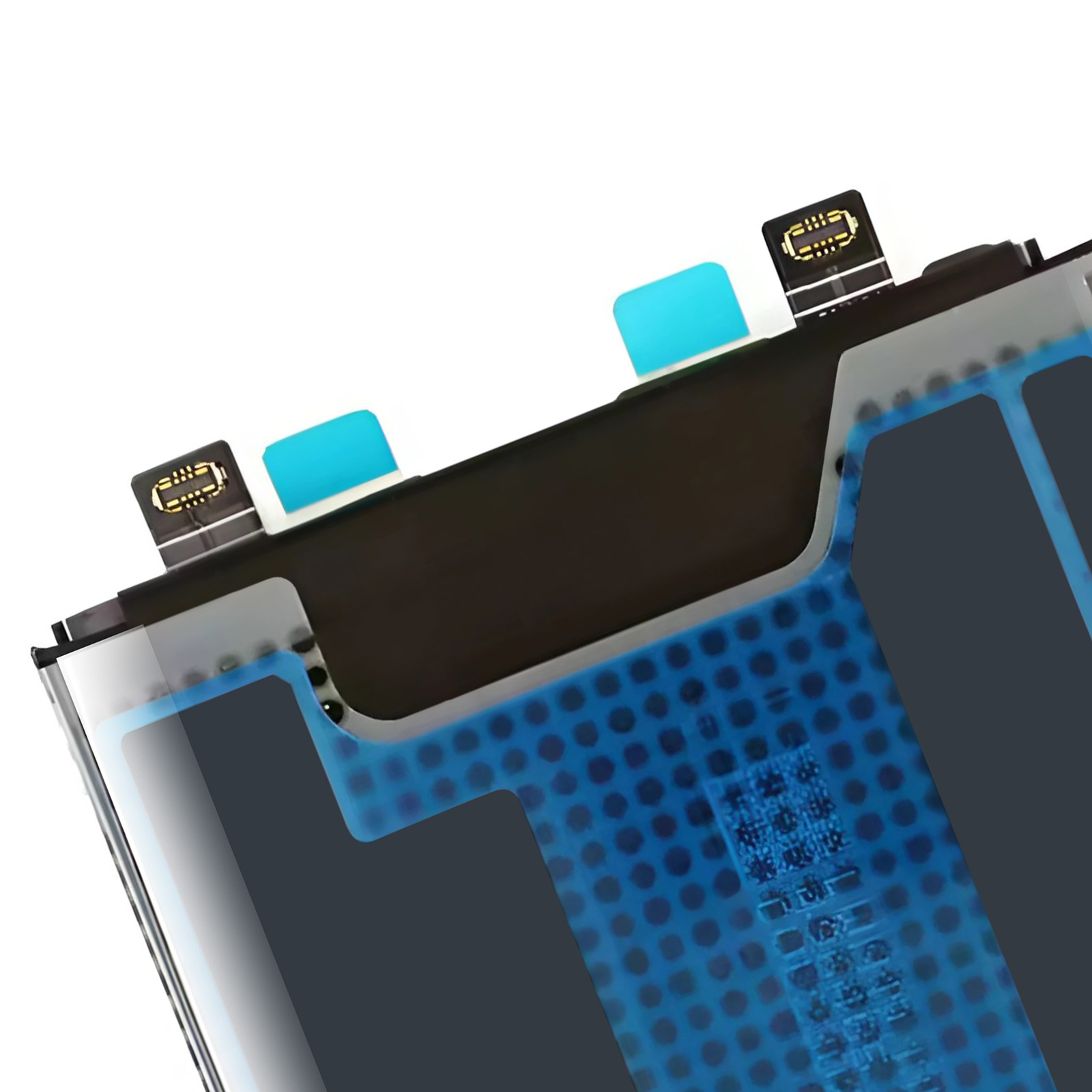 Nahaufnahme eines Smartphone-Akkus mit blauen Akzenten und Anschlüssen auf weißem Grund.