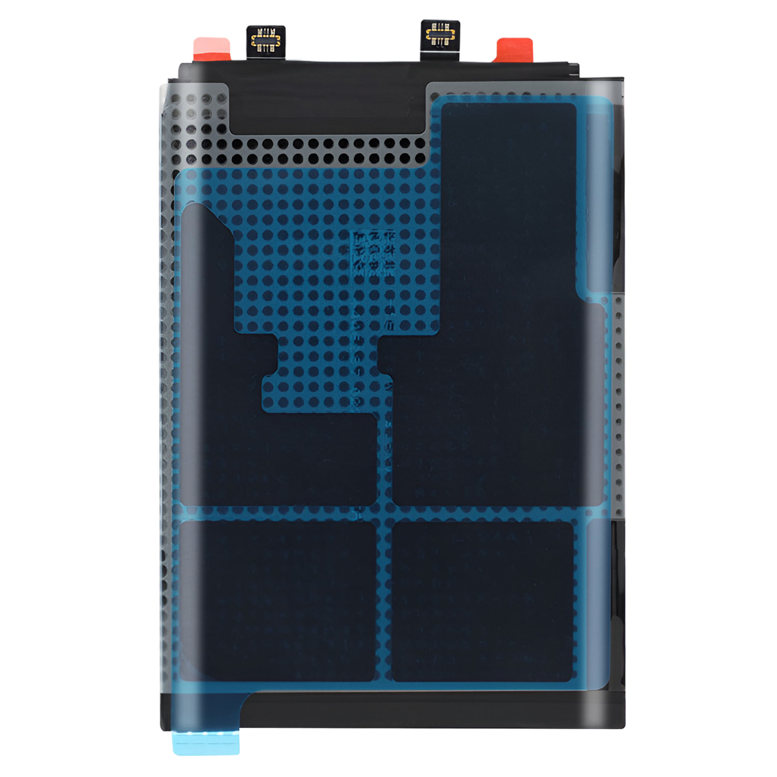 Una batteria nera con accenti blu e trasparenti, connettori bianchi in alto.