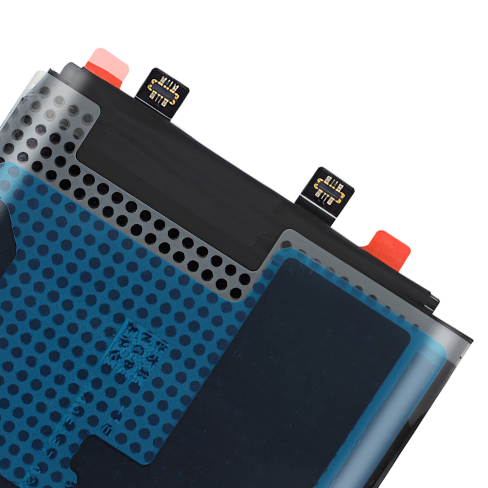 Primo piano di una batteria con punti blu e griglia metallica.