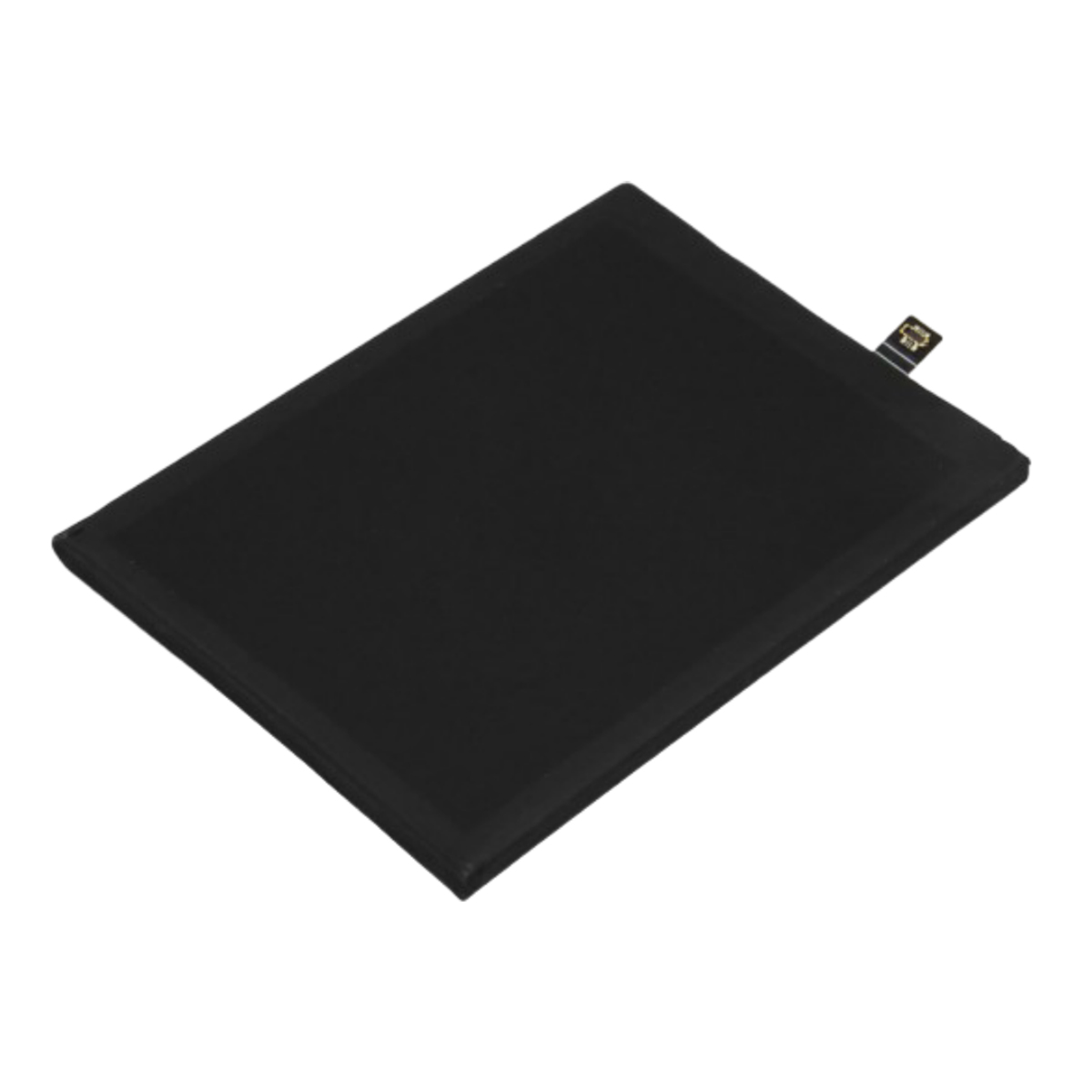 Batteria nera con piccolo cavo di collegamento, isolata su sfondo bianco.
