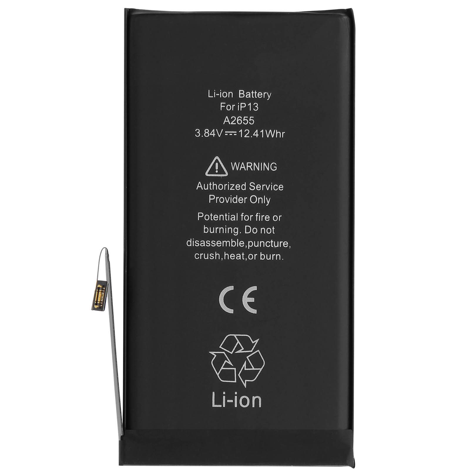 Batteria Li-ion nera per iP13, modello A2655. Include testo di avvertenza.