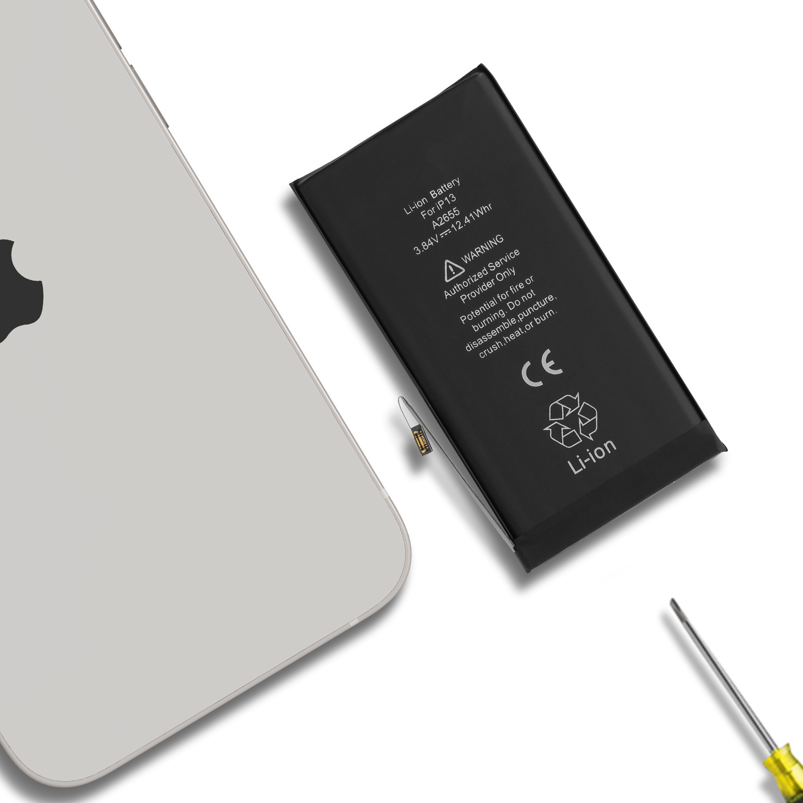 Una batteria per iPhone con avvertenze e attrezzi.