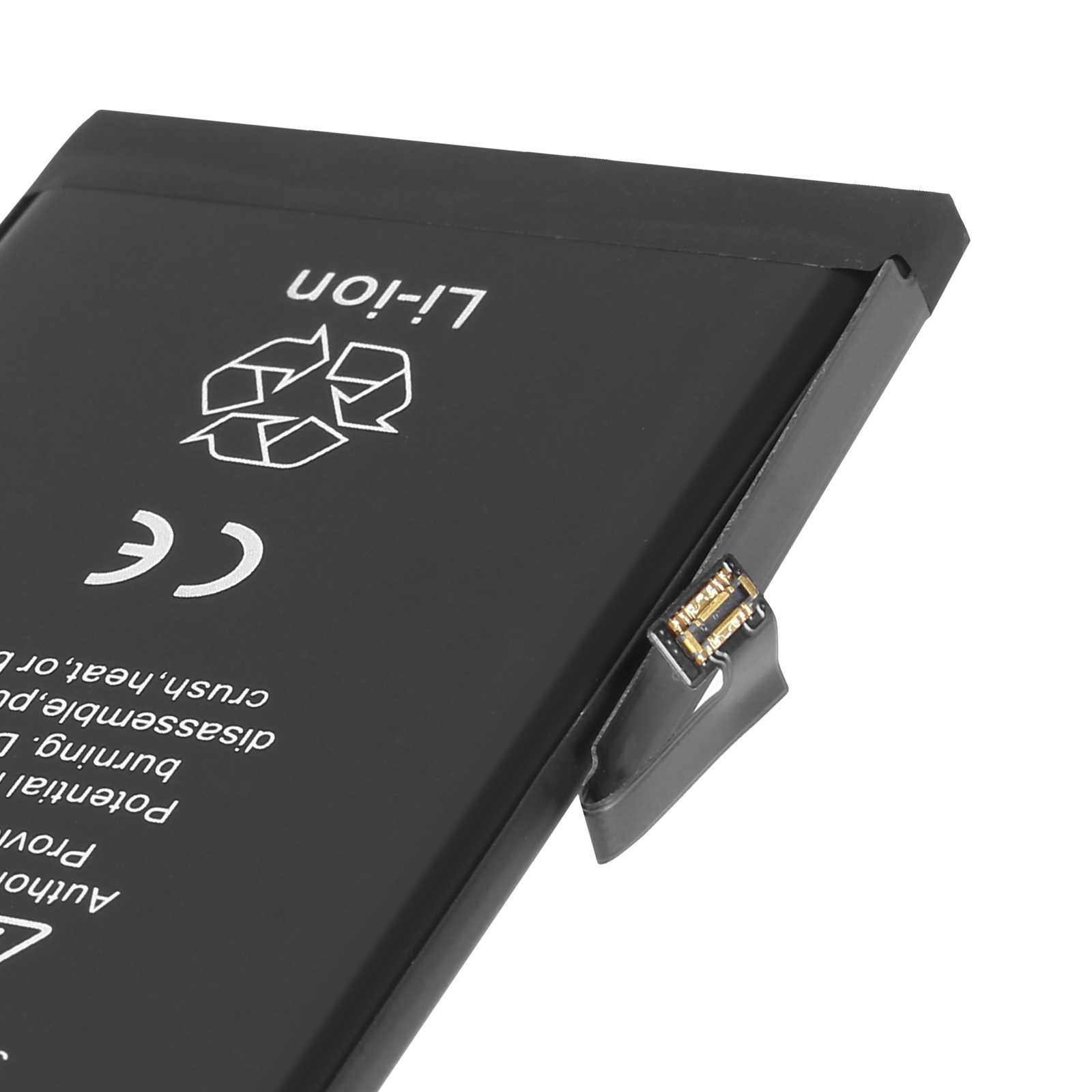 Batteria Li-Ion nera con marchio CE e simbolo di riciclo.