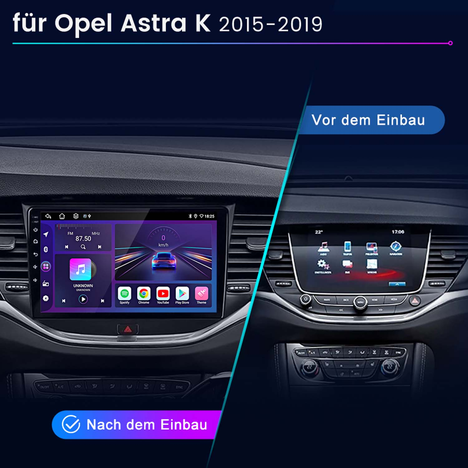Vorher/Nachher Vergleich eines Opel Astra K Infotainmentsystems.