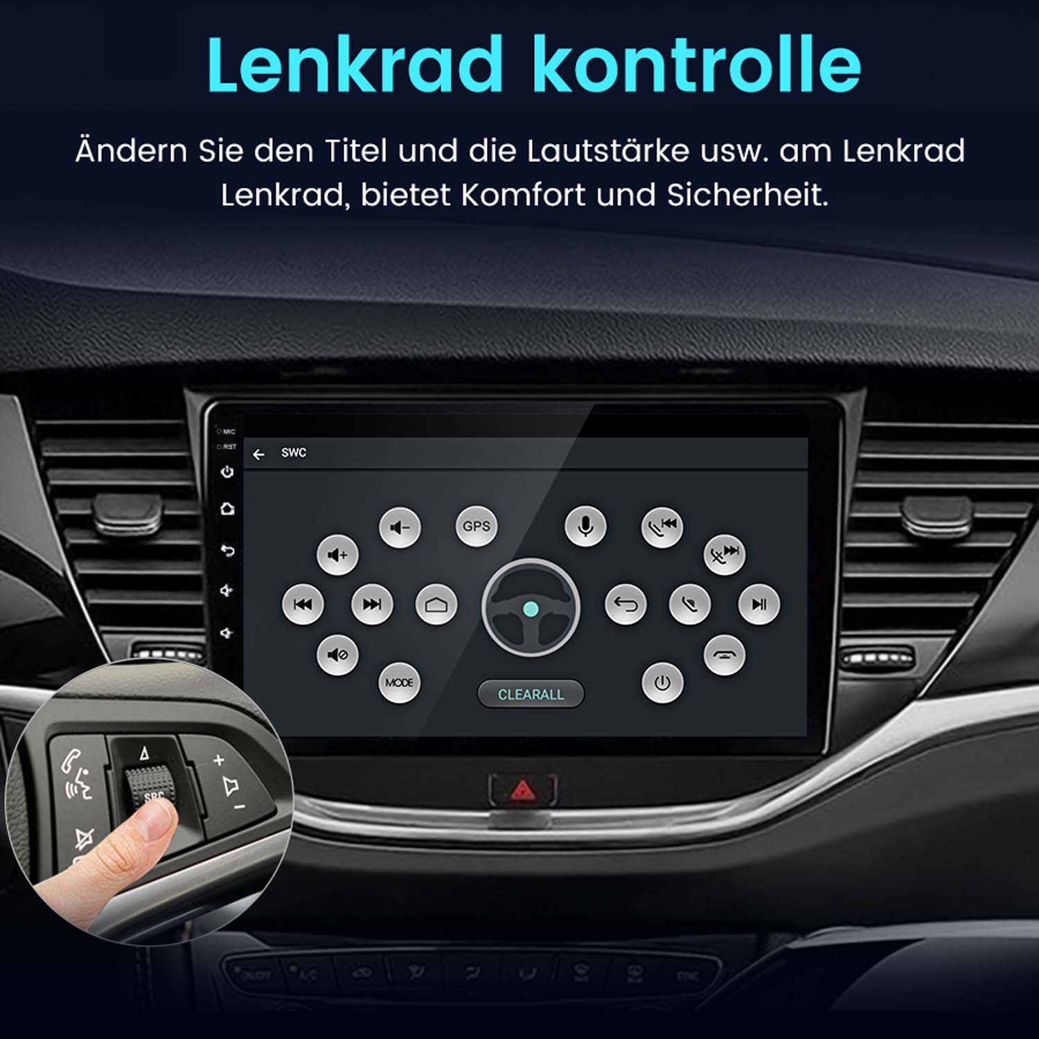 Eine Hand bedient das Lenkrad mit Touchscreen-Navigation und Bedienelementen.