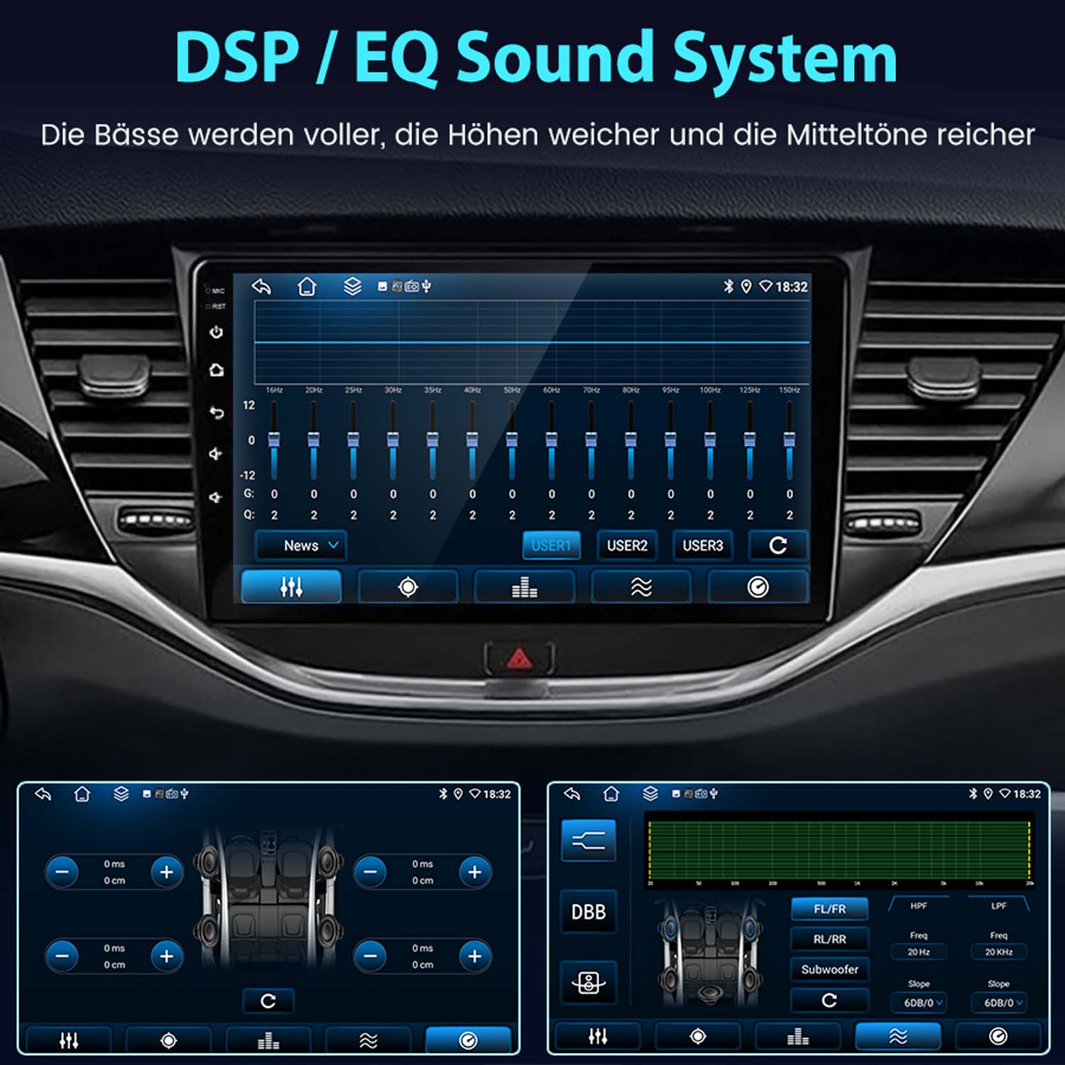 Armaturenbrett mit drei Bildschirmanzeigen für ein DSP/EQ-Soundsystem.