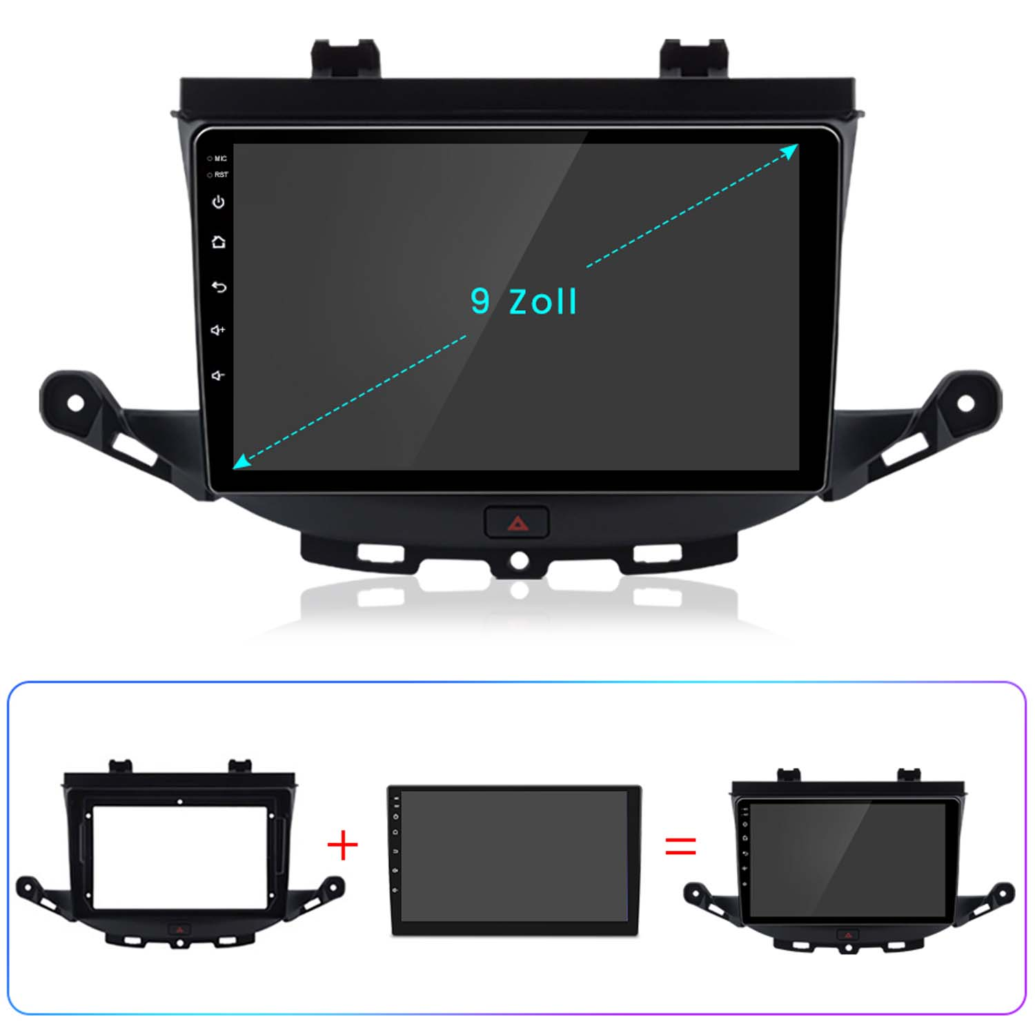 Ein 9-Zoll-Autoradio-Display mit Bedienelementen und Einbaurahmen.