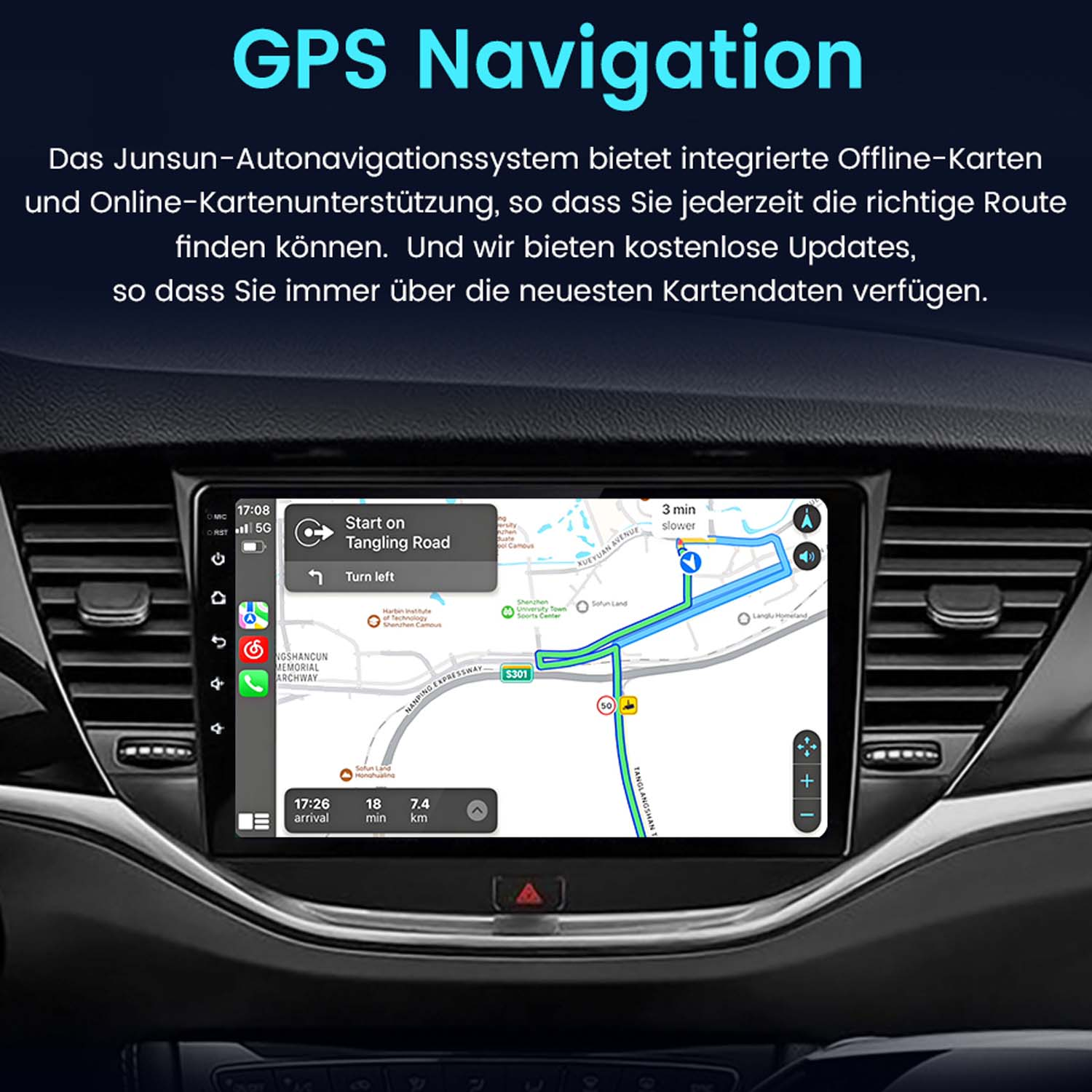 Ein Auto-Navigationssystem zeigt eine Karte mit Routenführung an.