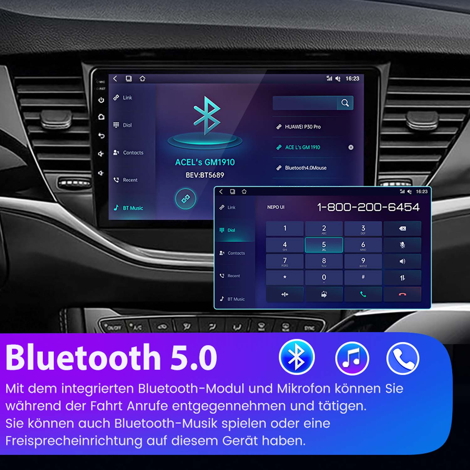 Ein Autoradio mit Bluetooth-Menü und Ziffernblock. Zeigt "Bluetooth 5.0" an.