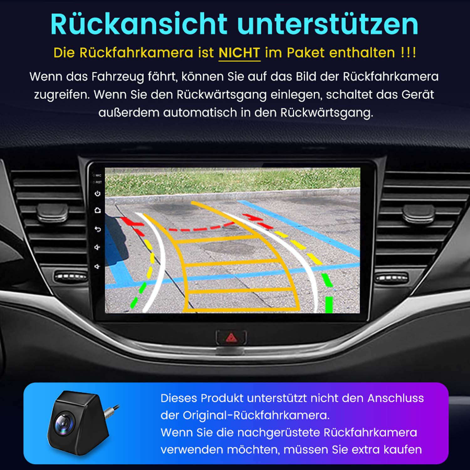 Rückfahrkamera-Bildschirm zeigt Parkführungslinien. Ein kleines Kamerasymbol ist unten links.