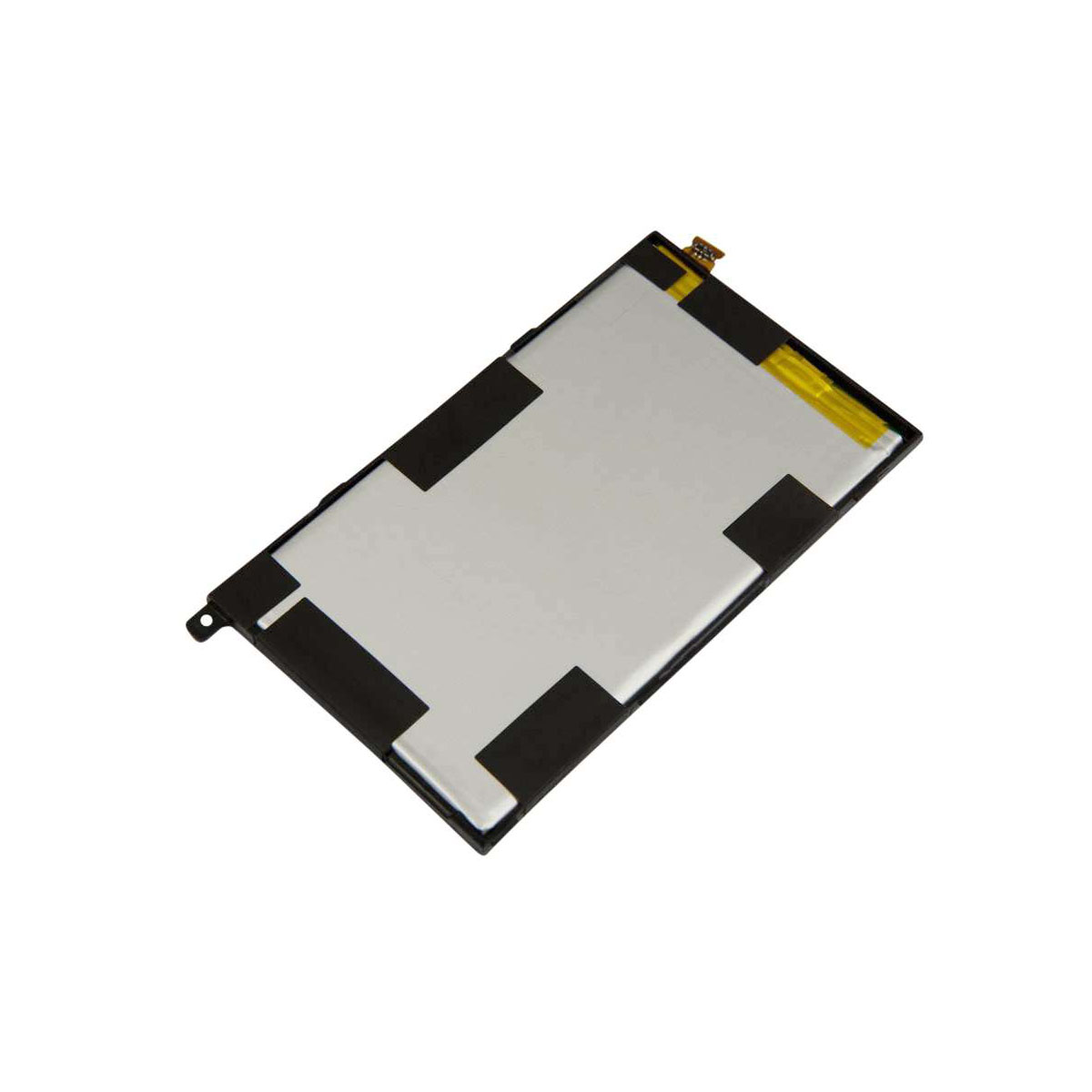 Batteria nera con superficie argentata e nastro giallo.