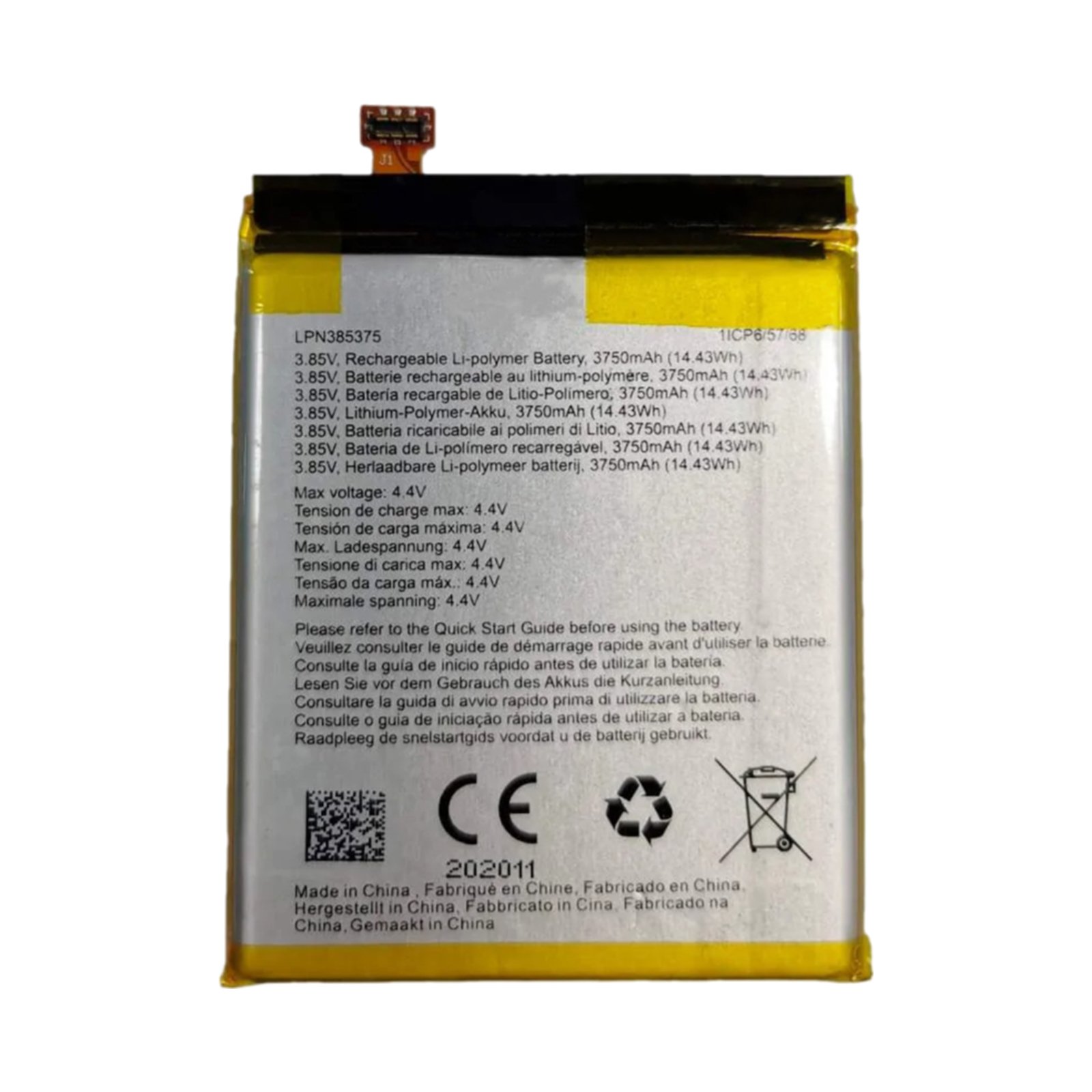 Batteria LPN385375 Li-polimero, 3750mAh, con marchio CE.