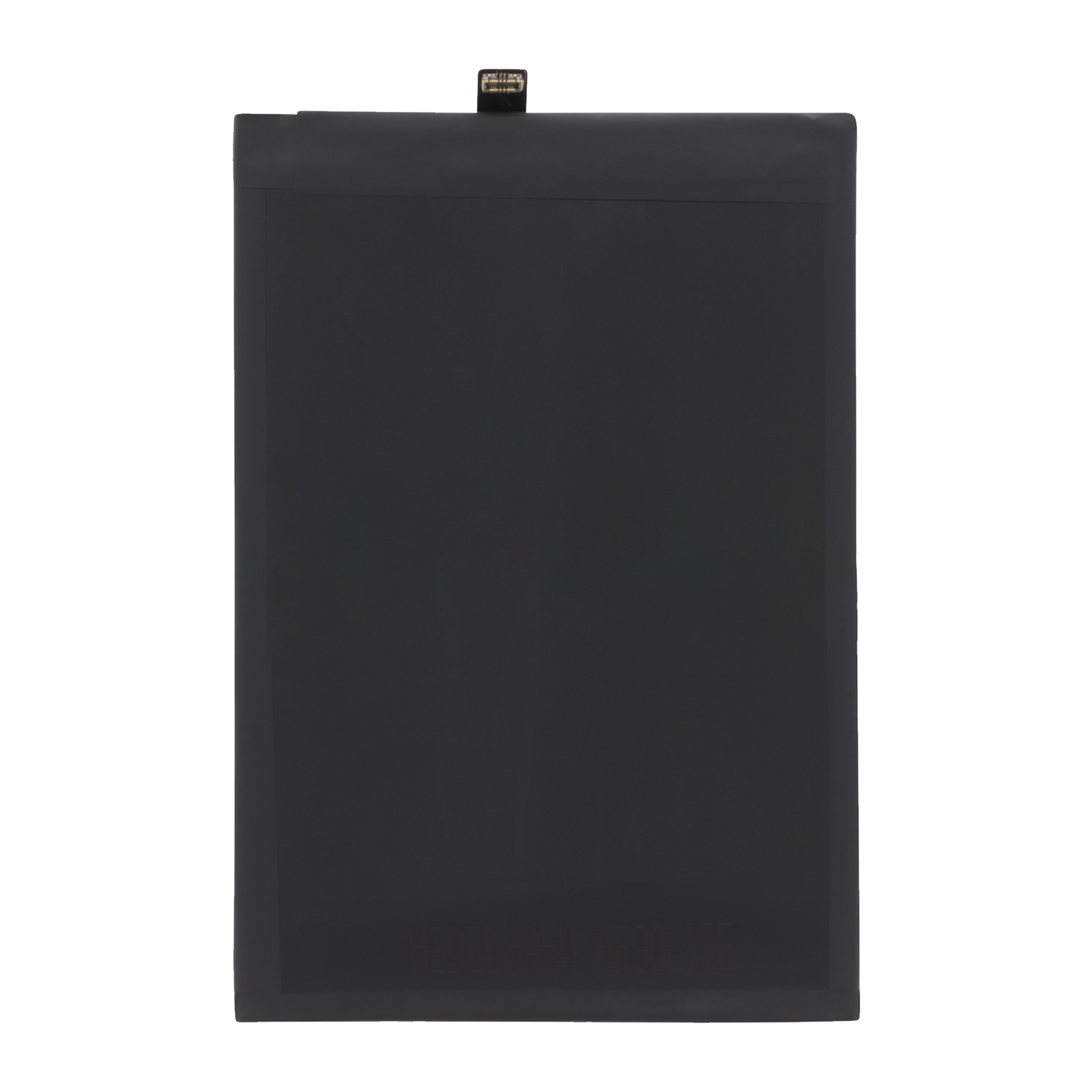 Batteria nera con cavo connettore e texture su sfondo bianco.