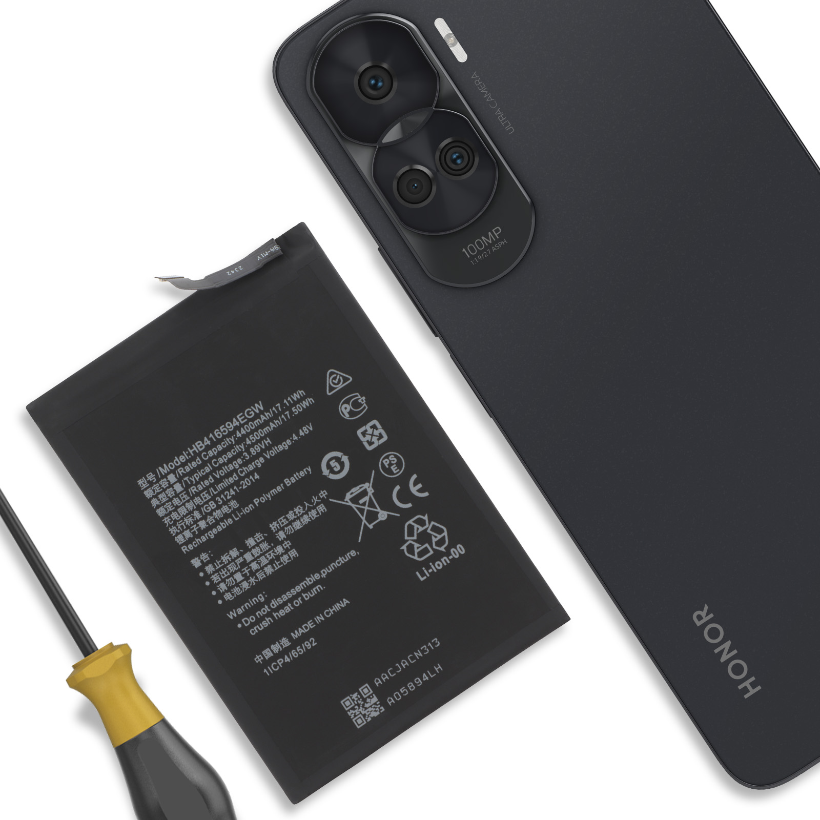 Una batteria per smartphone e uno smartphone giacciono accanto a un cacciavite.