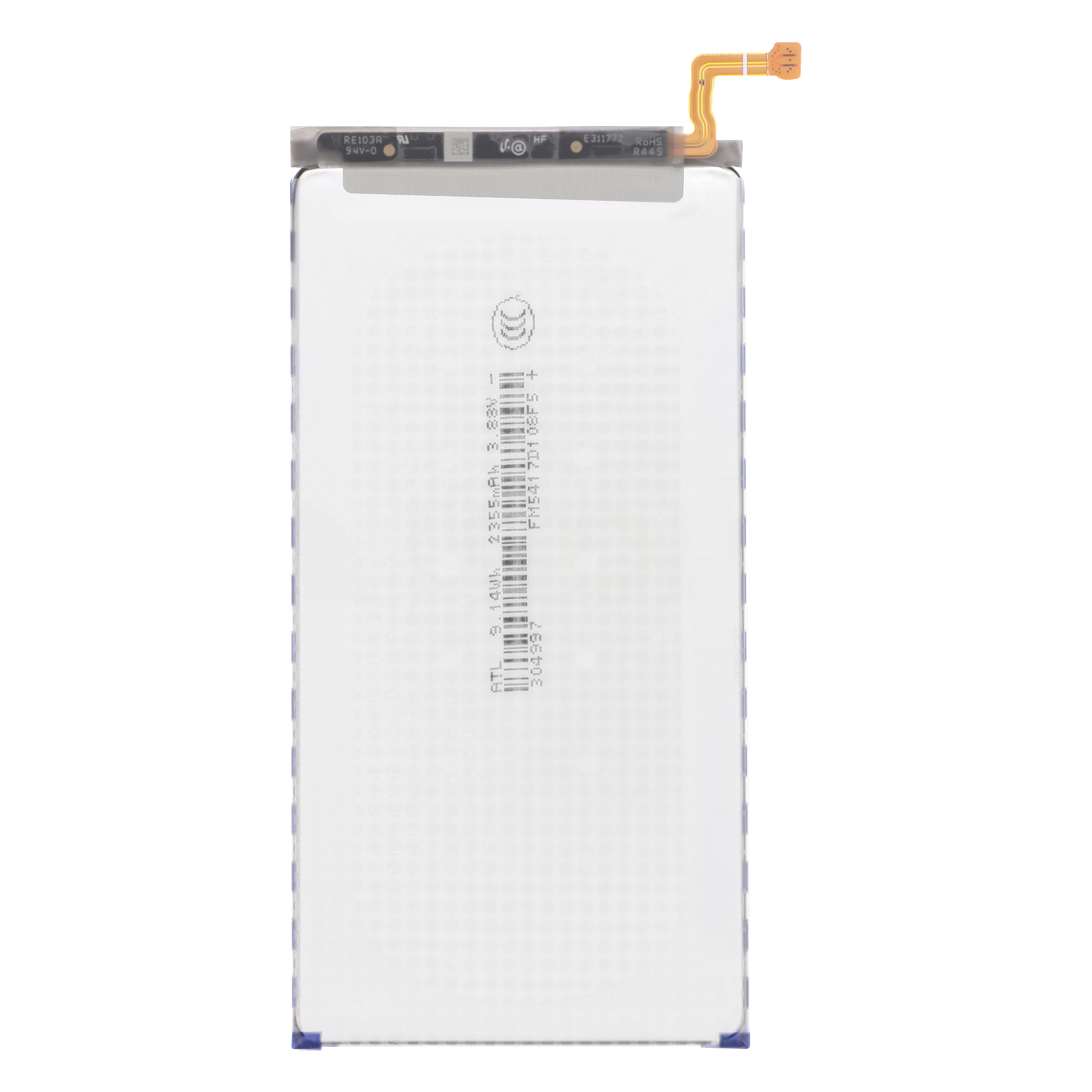 Une batterie blanche avec un câble de connexion flexible orange.