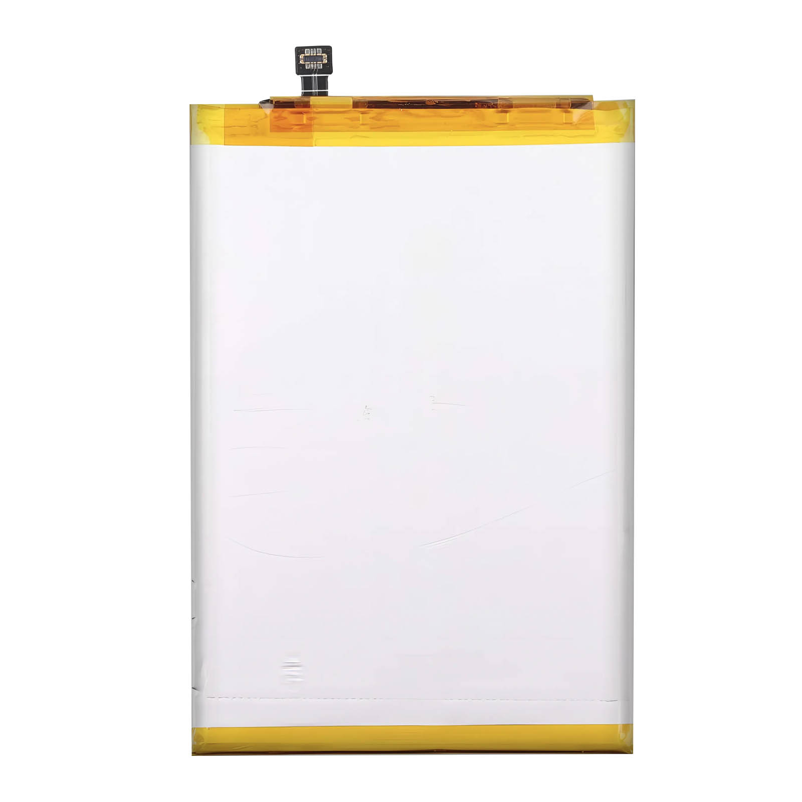 Una batteria rettangolare con custodia bianca e nastro giallo sopra e sotto.