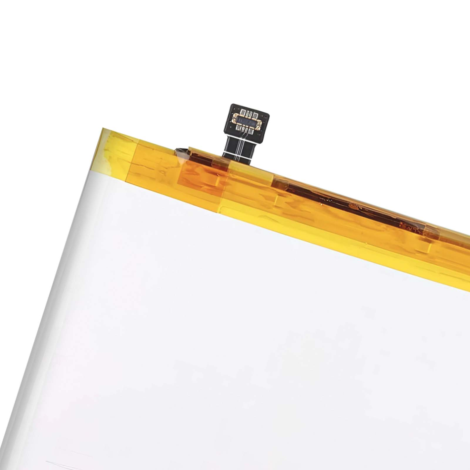 Parte di una batteria bianca con nastro giallo e connettore nero.