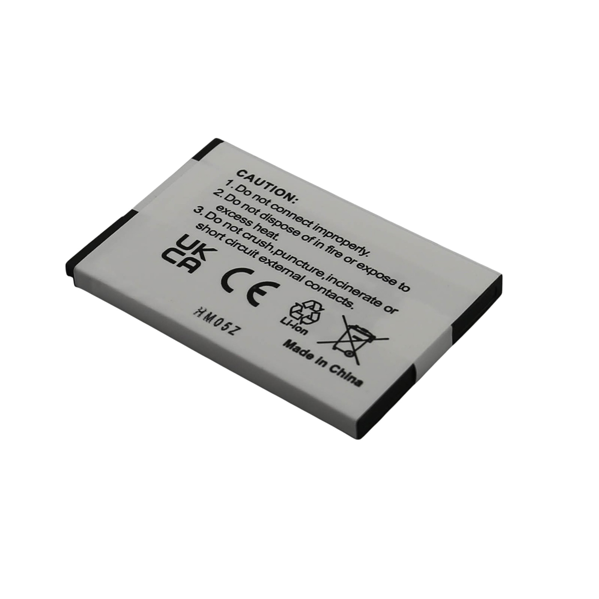 Batería gris de Li-ion con texto de precaución, marca CE y modelo HM05Z.