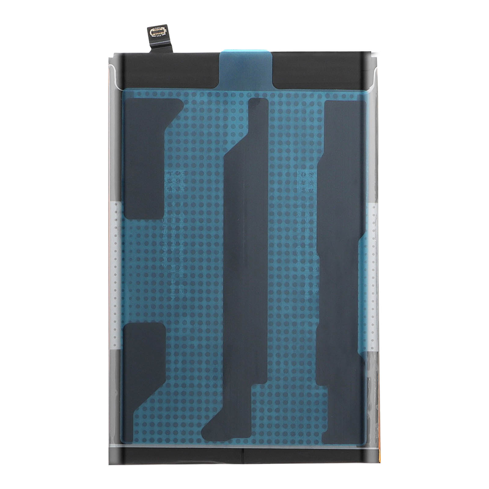 Una batteria rettangolare con matrice a punti blu e strisce adesive nere.