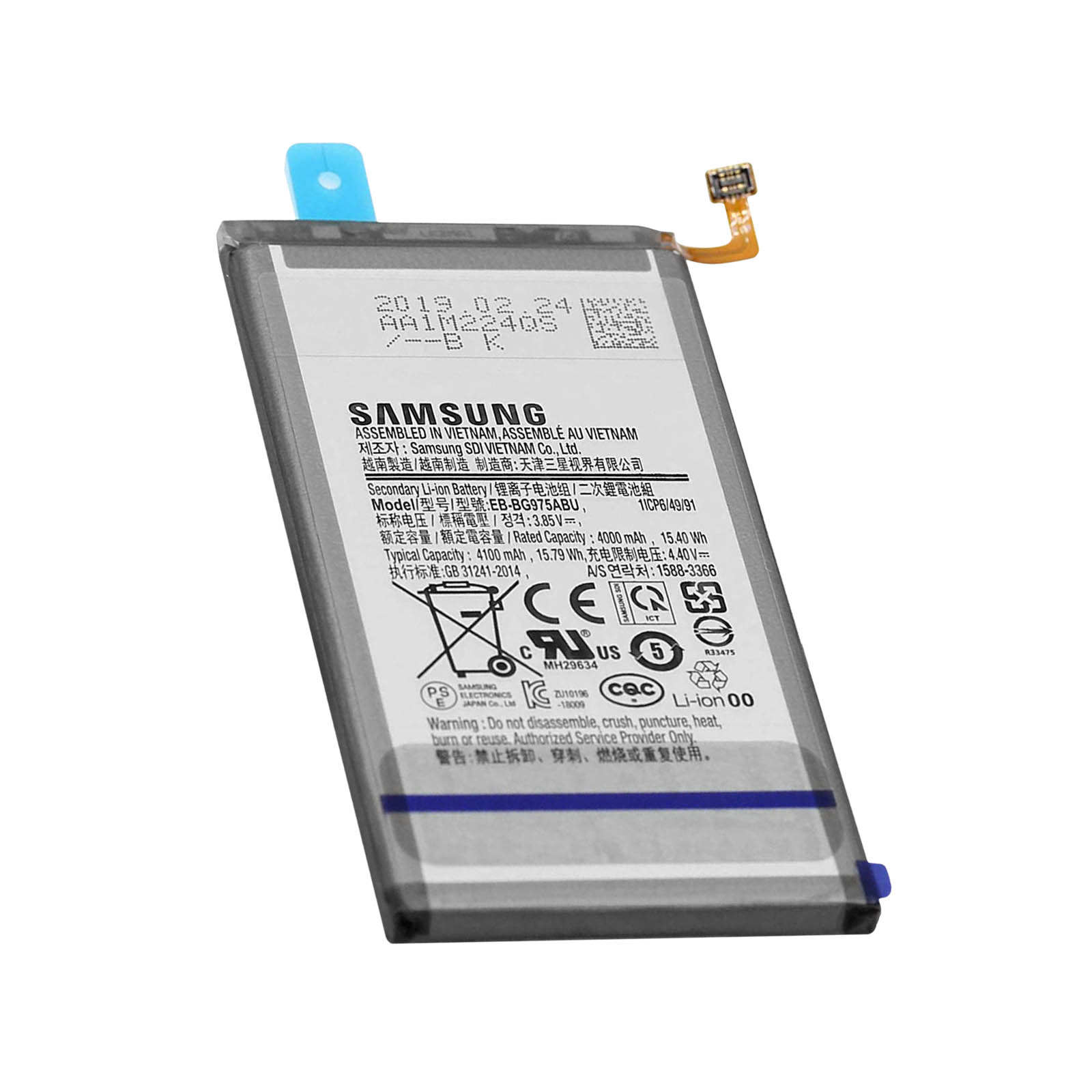 Ein Samsung Li-Ionen-Akku mit Details zu Kapazität und Warnhinweisen.