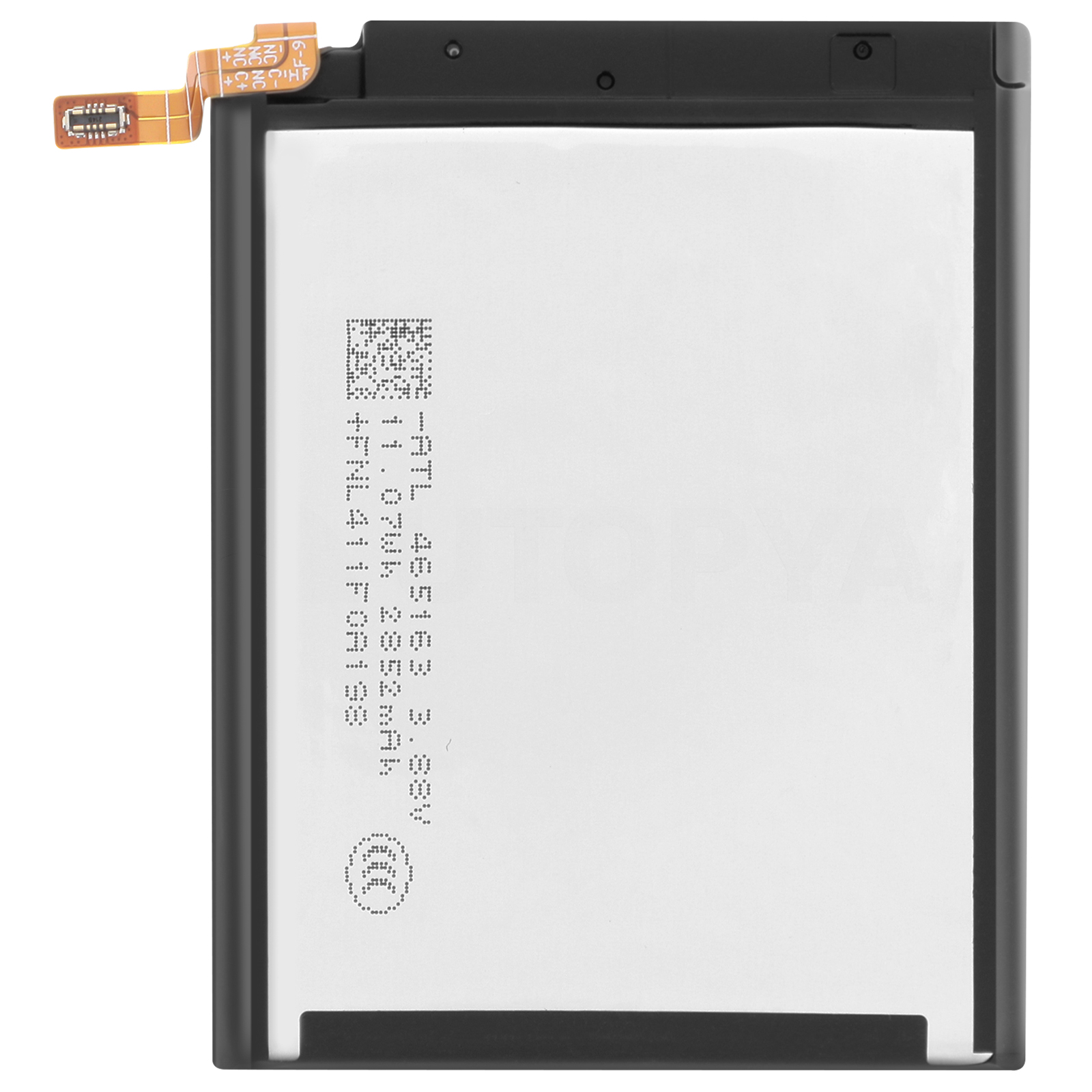 Una batería rectangular con un conector de cable flexible y texto impreso.
