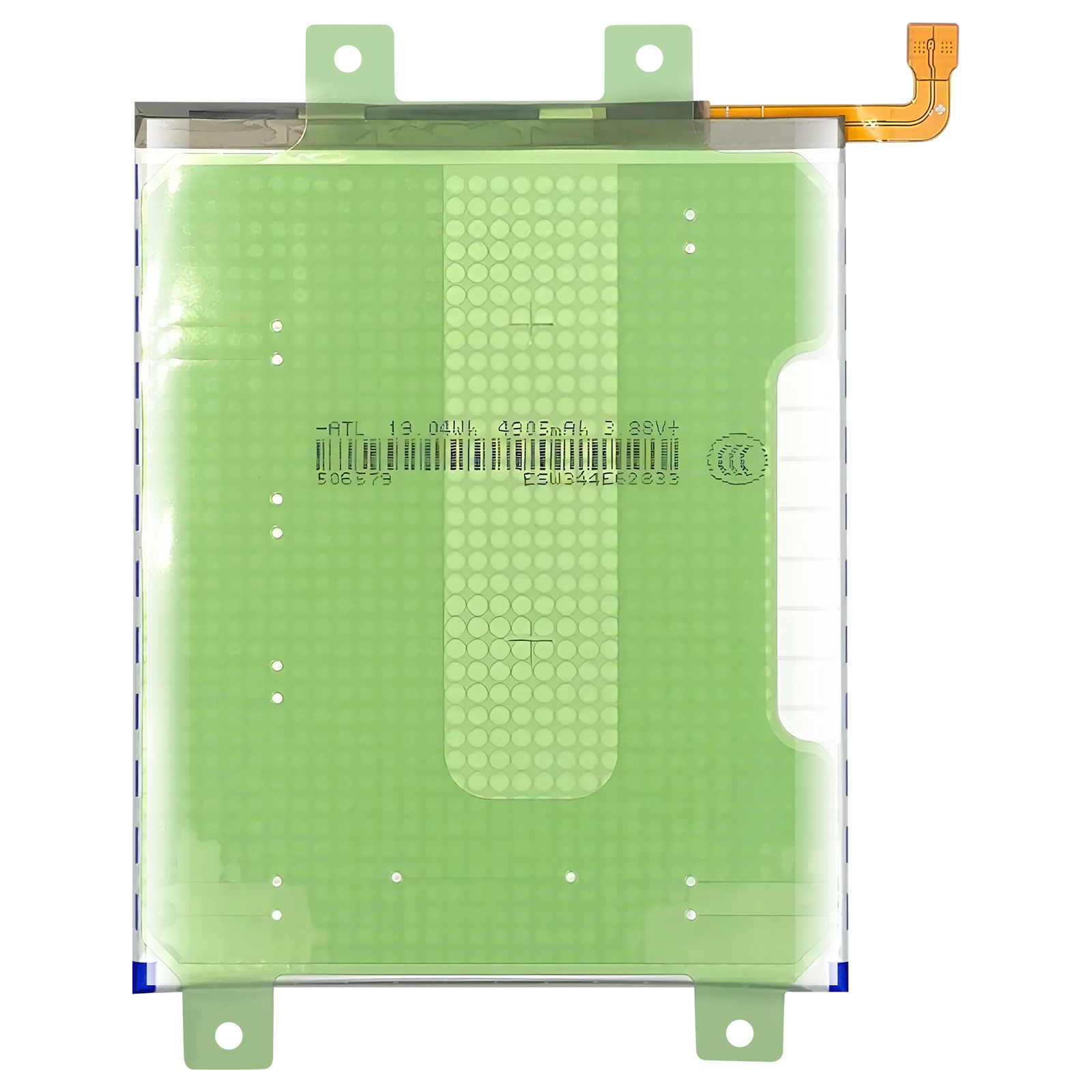 Batteria verde con cavo piatto argentato ed etichette.