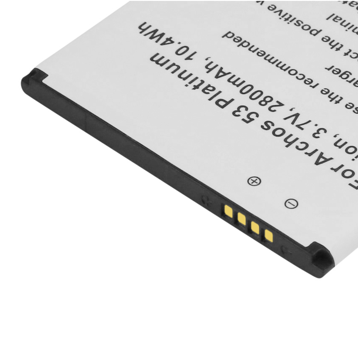 Batería blanca con borde negro, etiquetada 'For Archos 53 Platinum, 3.7V, 2800mAh, 10.4Wh'.