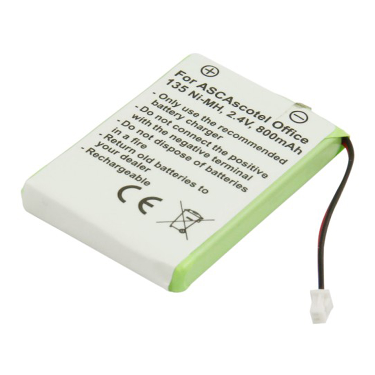 Una batteria bianca con bordi verdi e un filo. Etichettata For ASCAscotel Office.