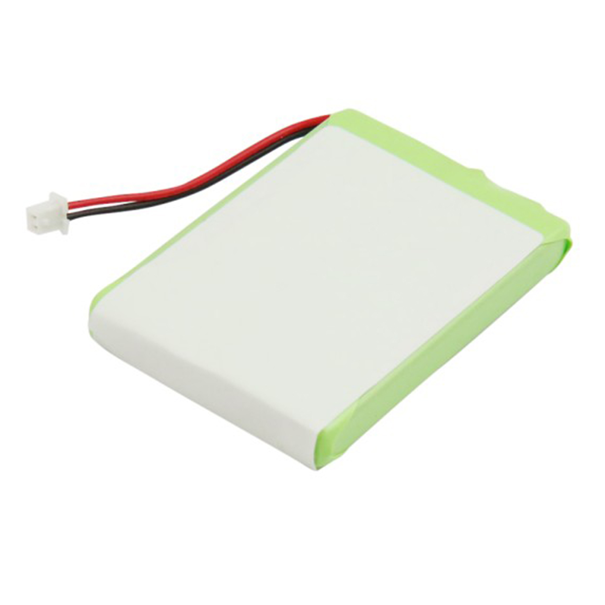 Un pacco batteria bianco con bordo verde e due cavi (rosso e nero) con connettore bianco.