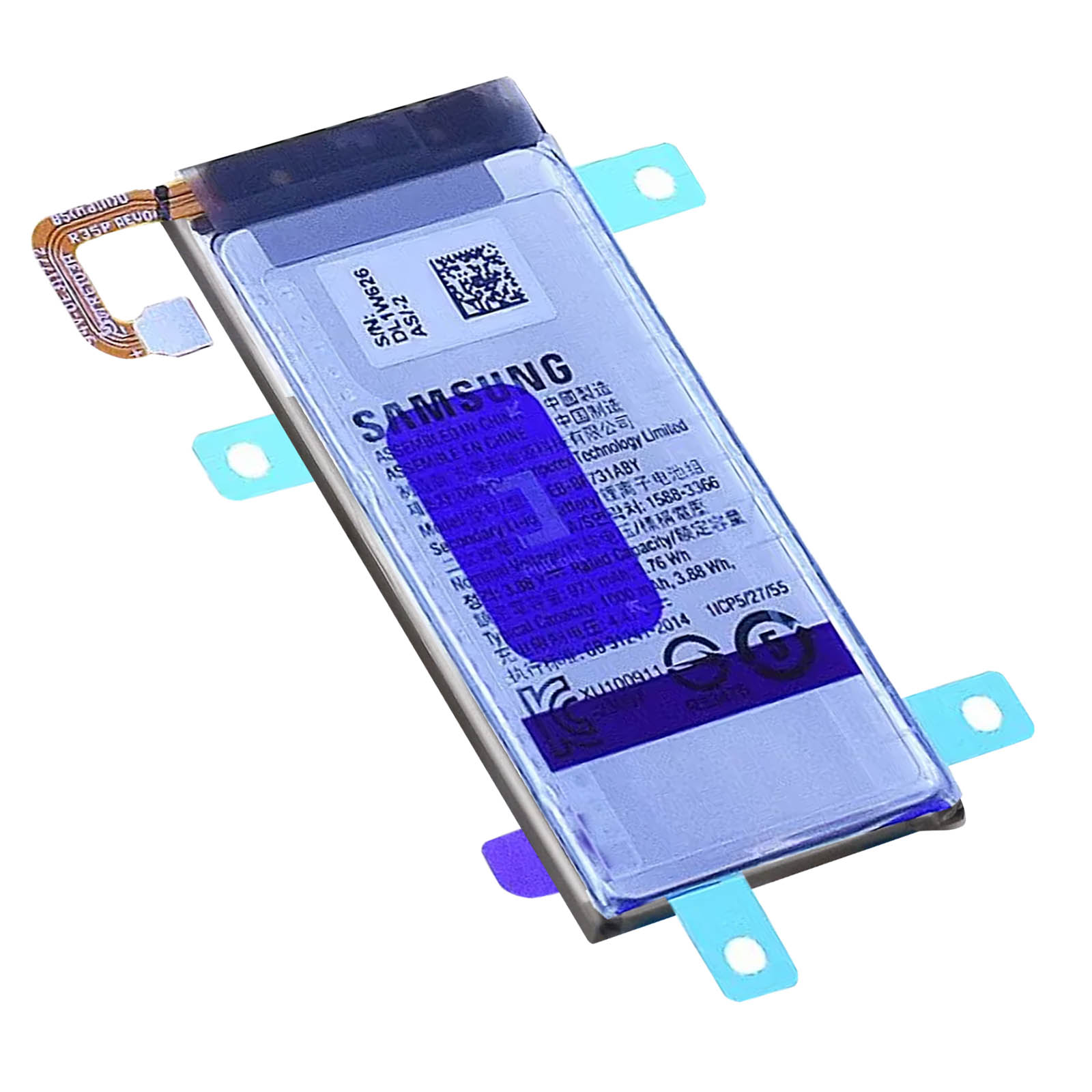 Batteria Samsung con cavo flessibile, etichetta e linguette di montaggio blu.