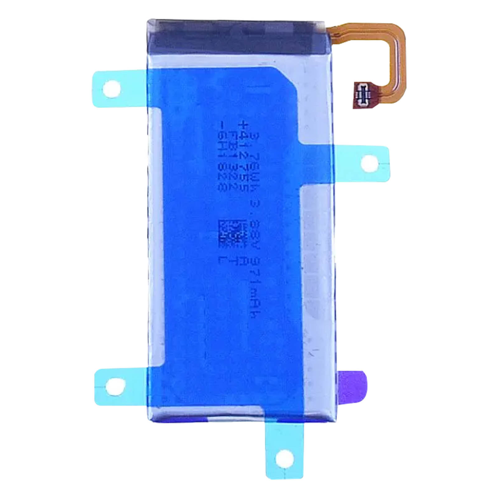 Un pacco batteria blu con cavo di collegamento e strisce adesive.