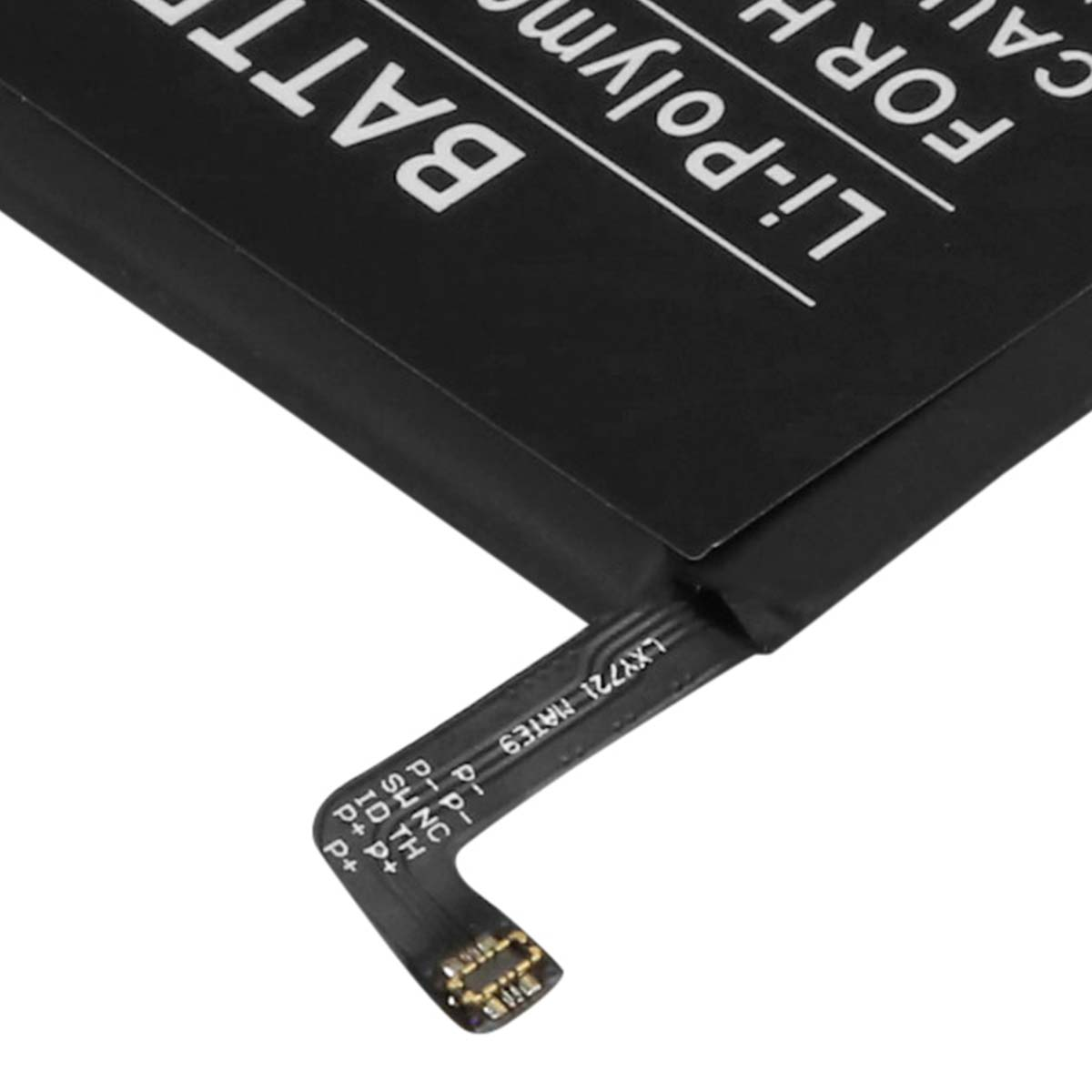 Batteria nera ai polimeri di litio con cavo connettore ed etichette.
