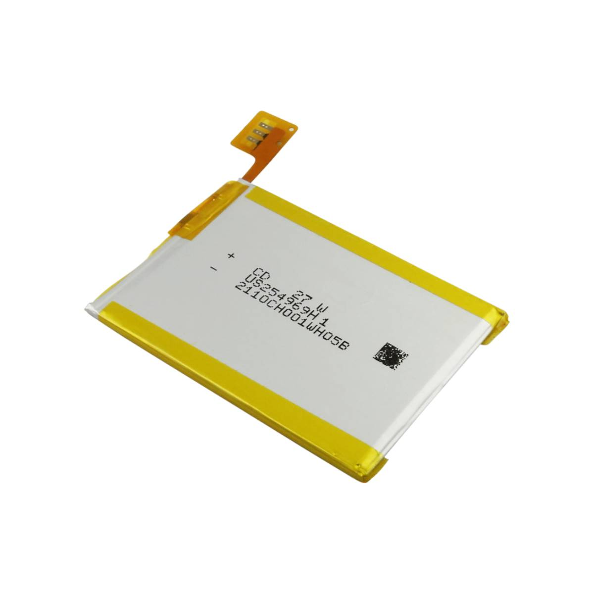 Una batteria bianca con bordo giallo e connettore arancione.