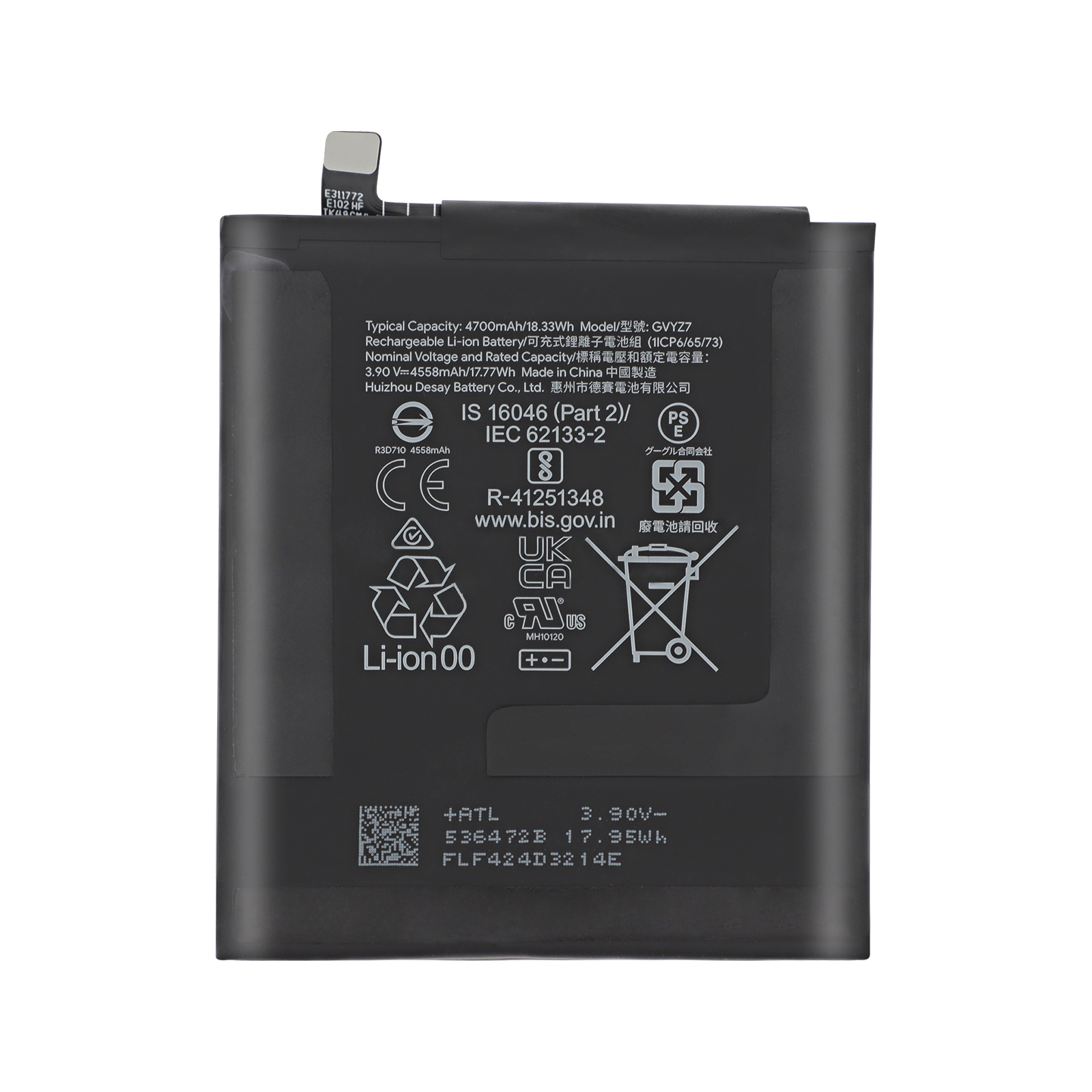 Batteria Li-ion nera con specifiche e marchi di certificazione.