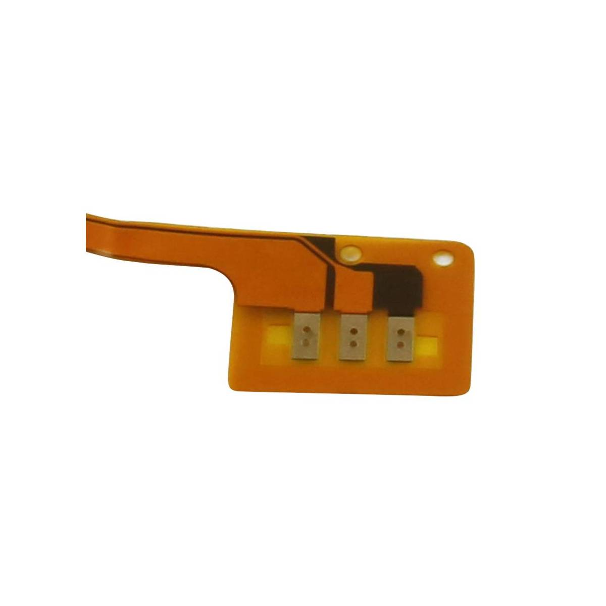 Un cavo flessibile arancione con tre contatti metallici e accenti neri.