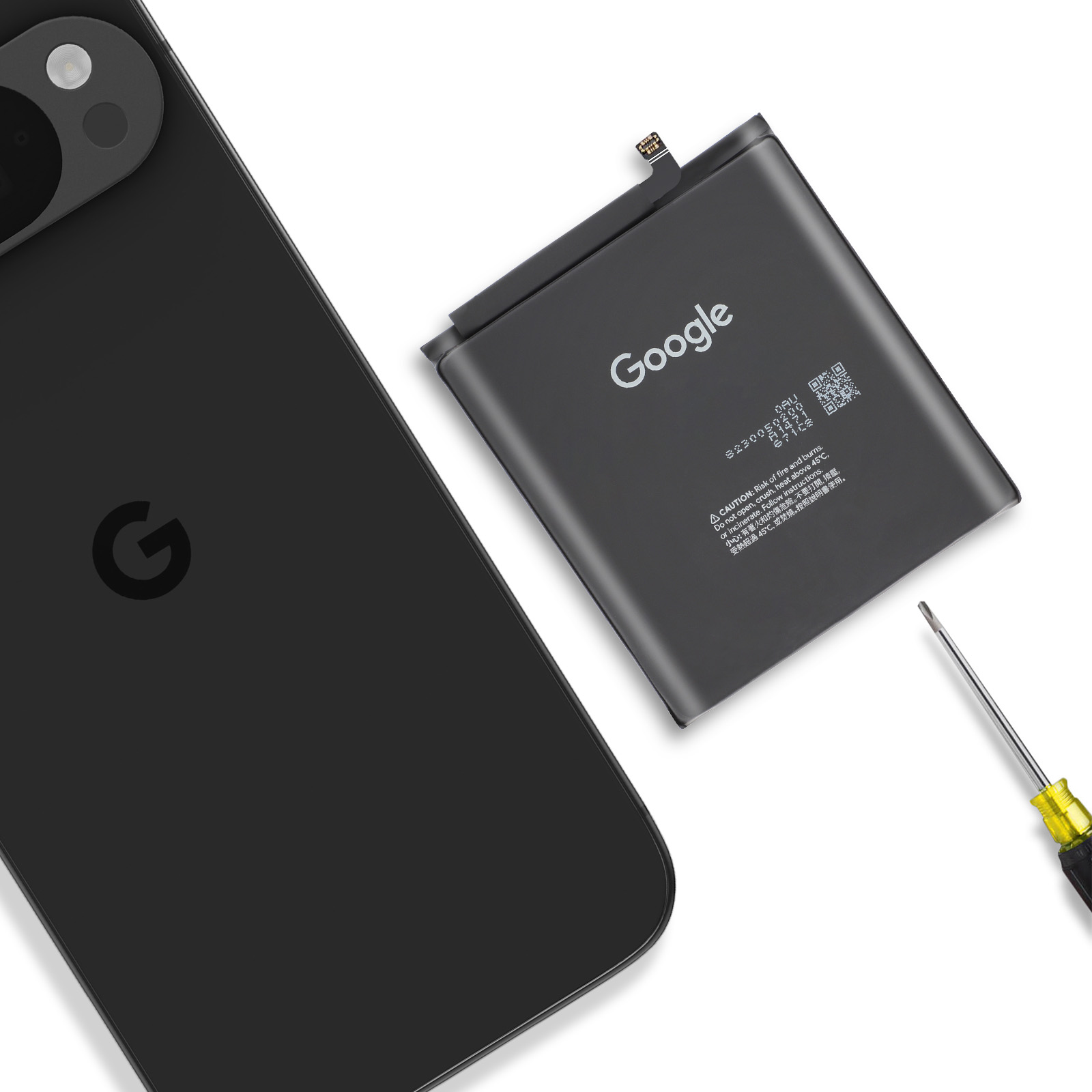 Un telefono Google nero, batteria e cacciavite su sfondo bianco.