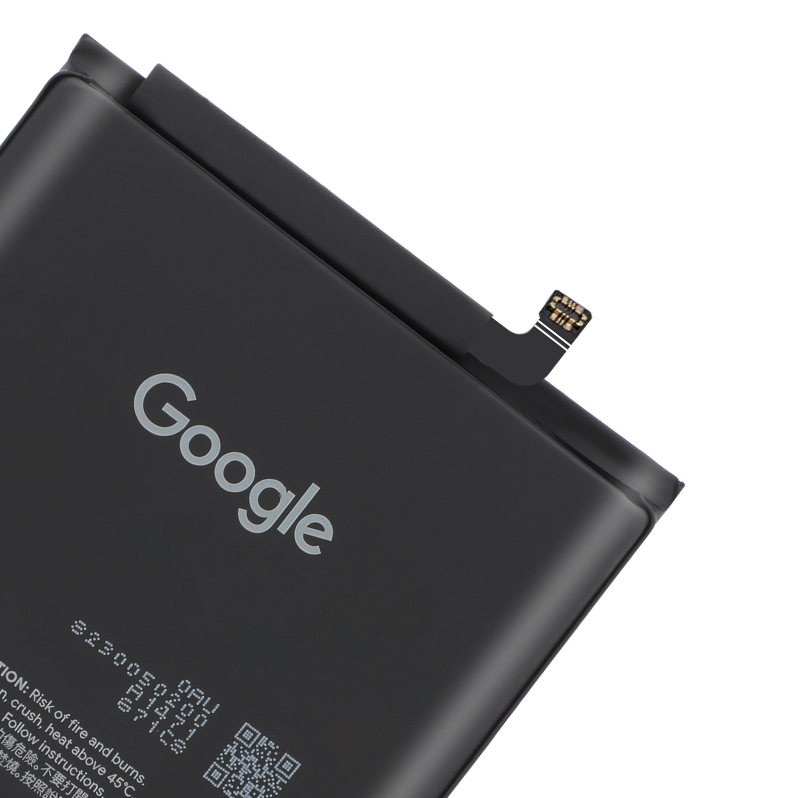 Batteria nera con logo Google e cavo connettore. Istruzioni di avvertenza stampate.