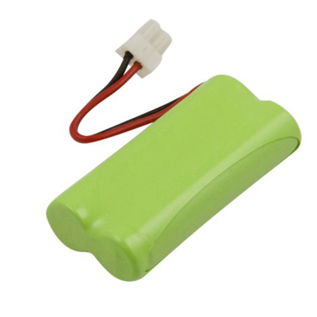 Batteria verde a due celle con cavi e connettore bianco, su sfondo bianco.